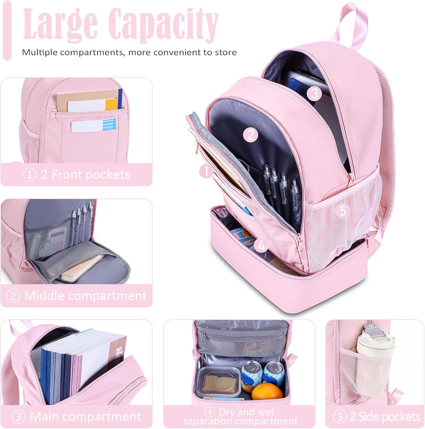 NOL Natural Organic Lifestyle Kids 2-in-1 Backpack & Insulated Lunch Bag - 16" Multi-Functional Large Compartments Backpack for School & Travel, Double Deck, Water Resistant, Leak-proof, Padded (Pink) - Image 4