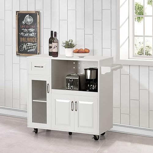 Miniatura 5 de Sophia & William Carrito de isla de cocina con ruedas con bandeja extensible, estante ajustable y puerta de cristal, isla de almacenamiento móvil de