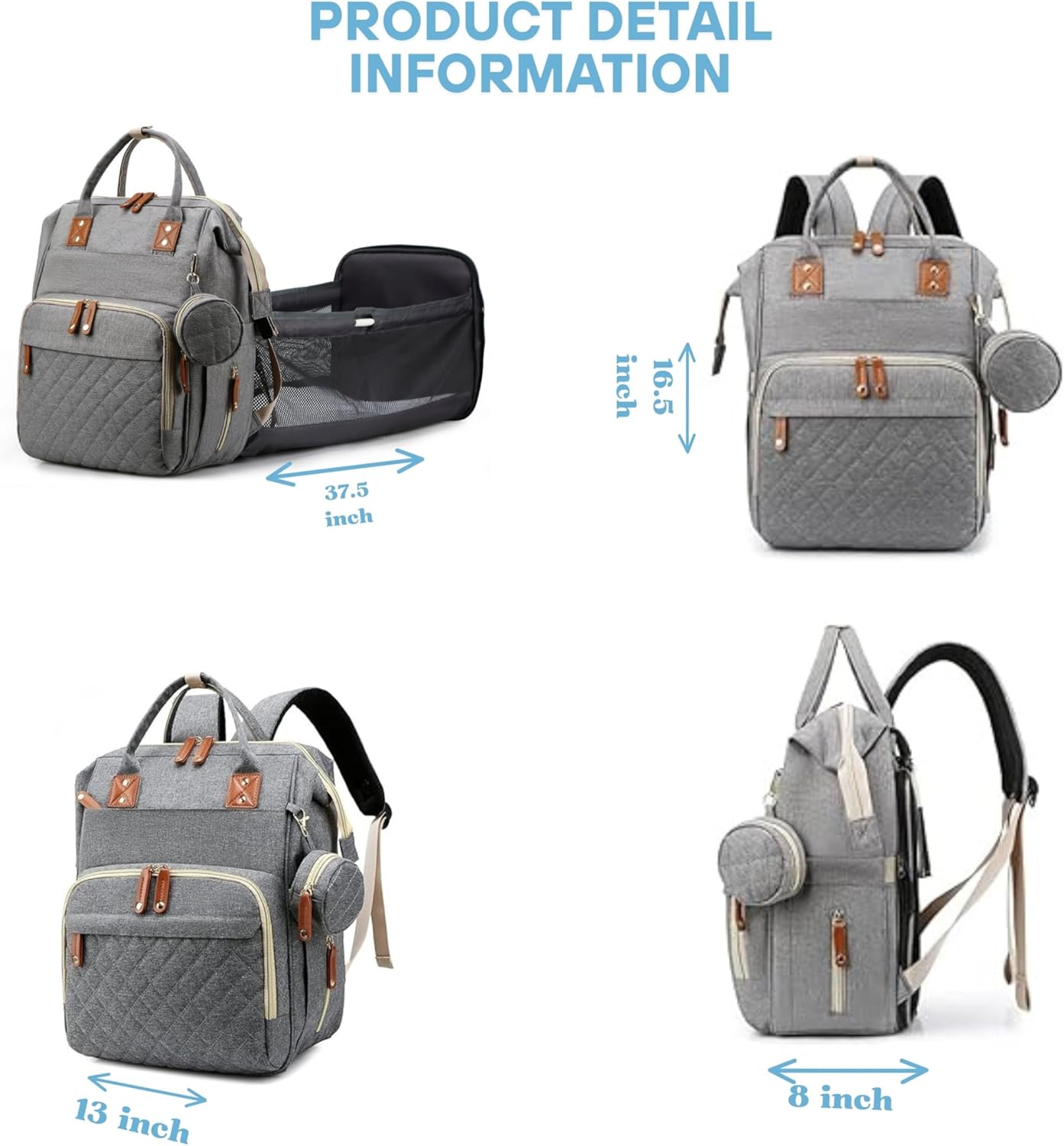 Baby Diaper Backpack with Changing Pad, Waterproof, USB Port, Large Capacity (Gray)