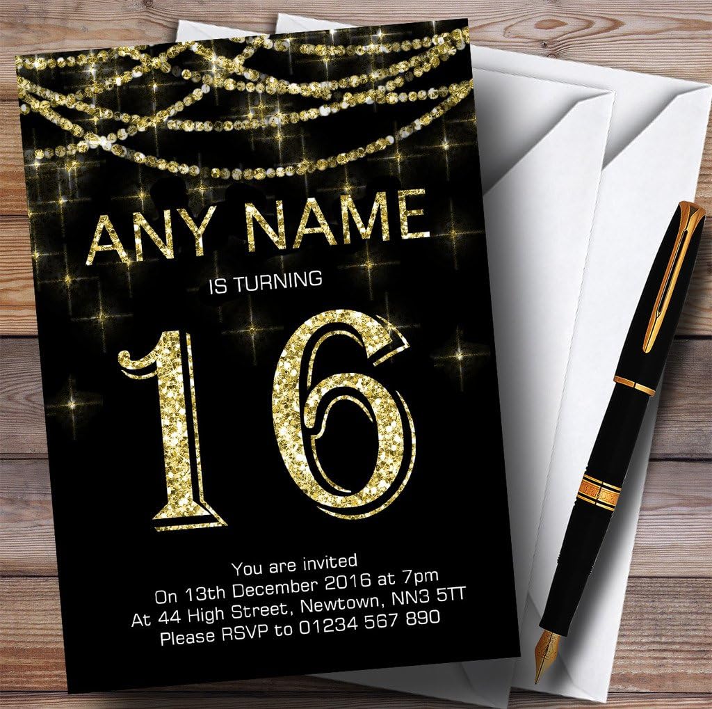 Black & Gold Sparkly Garland 16th Personalized Birthday Party Invitations