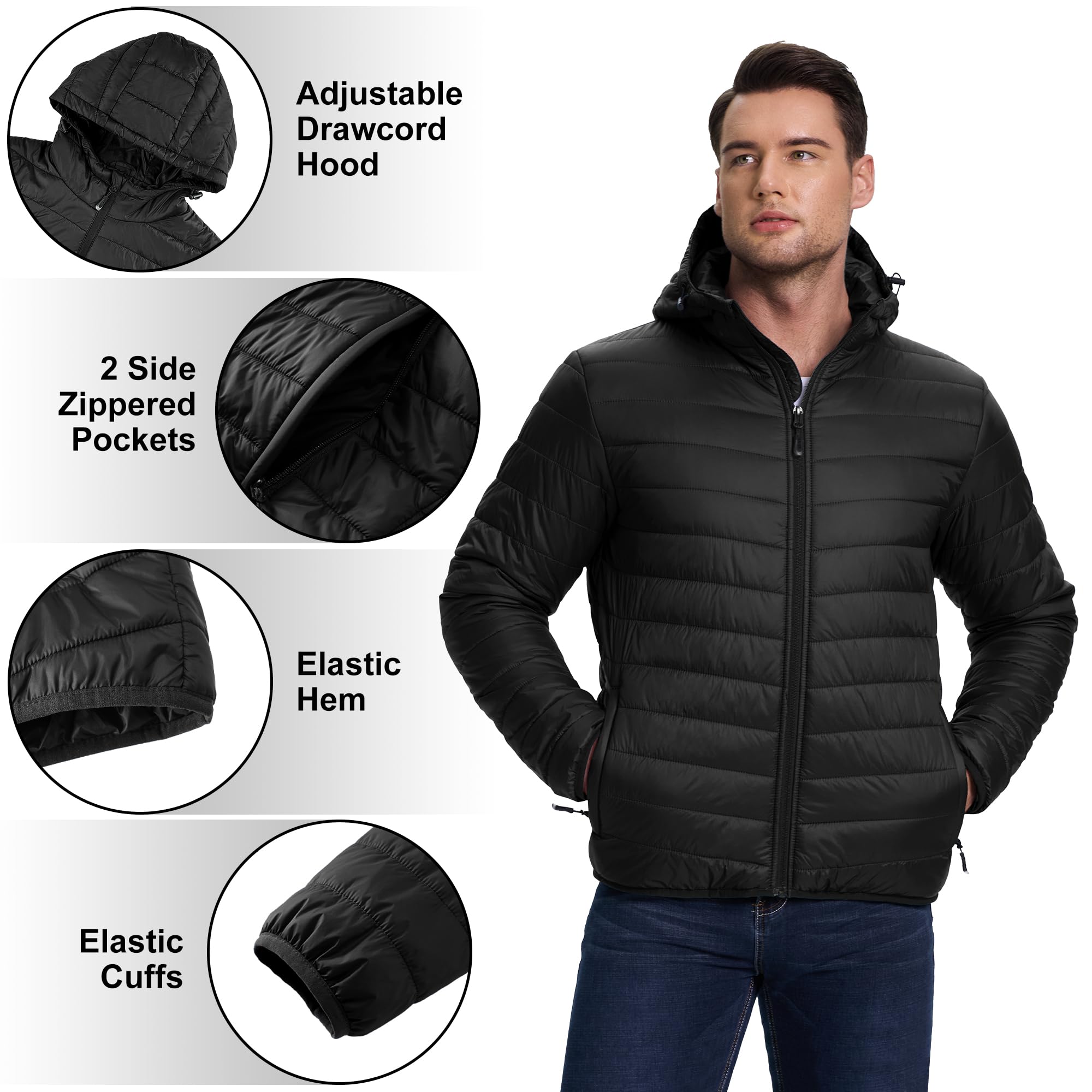 33,000ft Chaqueta acolchada ligera para hombre, chaqueta de entretiempo resistente al agua, cálida chaqueta de invierno para hombres, con capucha, abrigos de invierno, chaqueta amortiguadora plegable