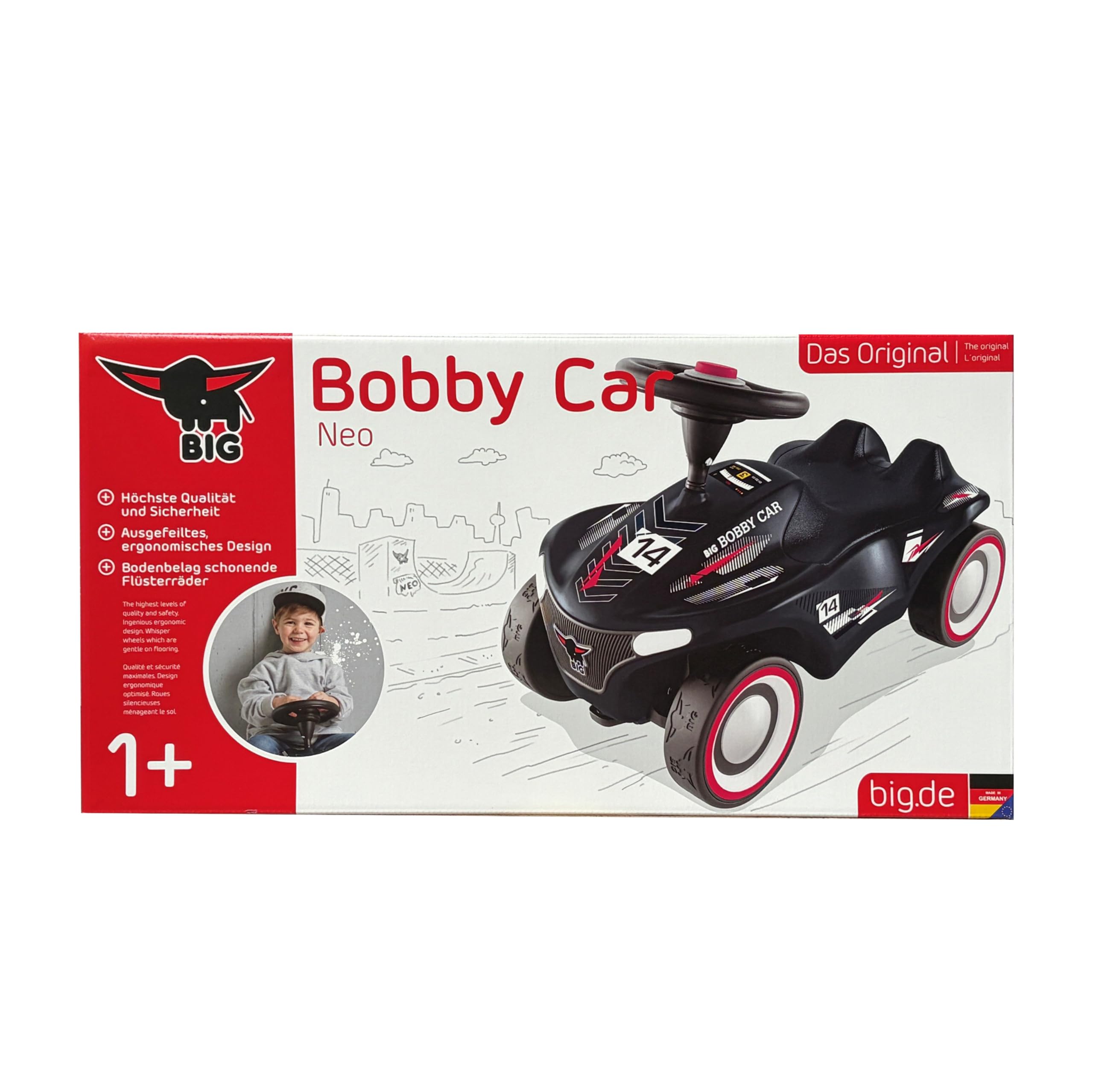 Big Bobby Car Neo RS niebieski – samochód wyścigowy, pojazd dla dzieci z szeptanymi oponami dla cichych odgłosów jazdy i dobrej przyczepności, ergonomiczne siedzisko z wgłębieniem na kolana, mały