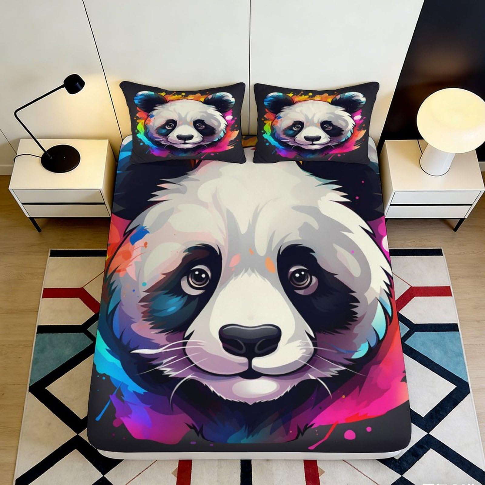 3D Printed Colorful Panda Fitted Sheet Microfiber Soft Mattress Cover for Bedroom Dorm Easy Care Decoration 140x200x25cm