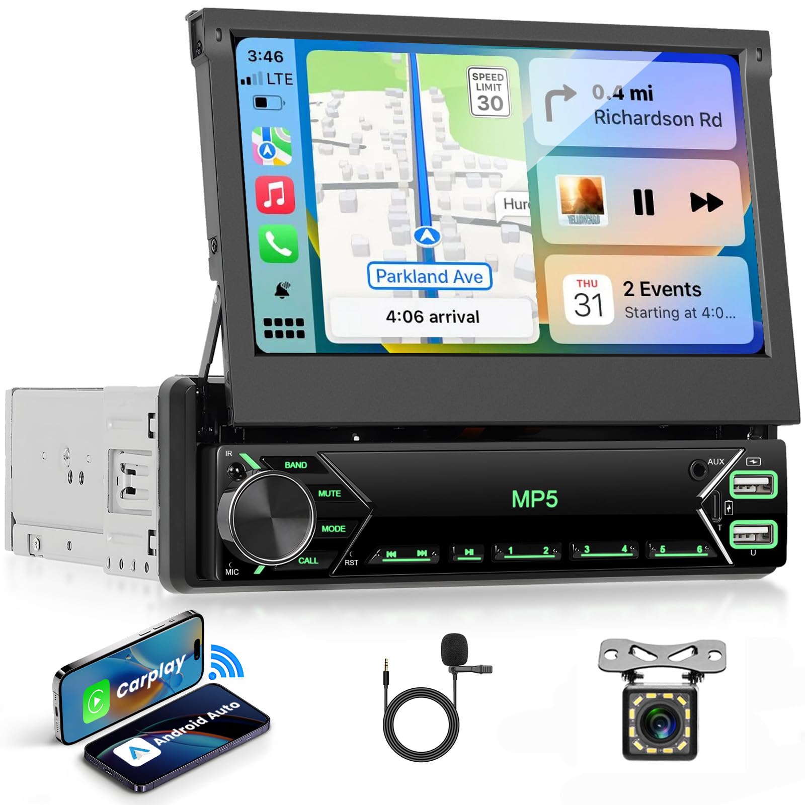 VECHTEL Autoradio 1 Din mit Drahtlos Carplay Android Auto, 7 Zoll IPS HD Manueller Flip Touchscreen Radio, Unterstützung Bluetooth Link Spiegeln DAB FM 2USB Typ-C Lenkrad-Bedienelemente Rückfahrkamera