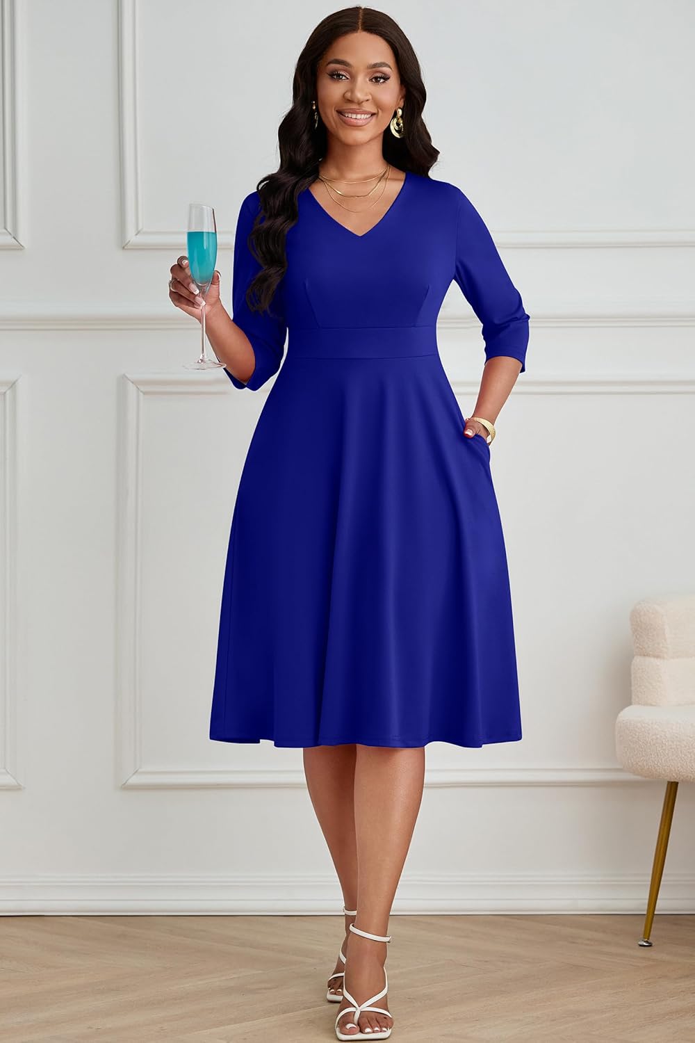 CLOCOR Casual Dresses for Women Semi Formal Fit and Flare Dress A-Line V-Neck 3/4 Sleeve Church Dresses with Pockets - Image 6