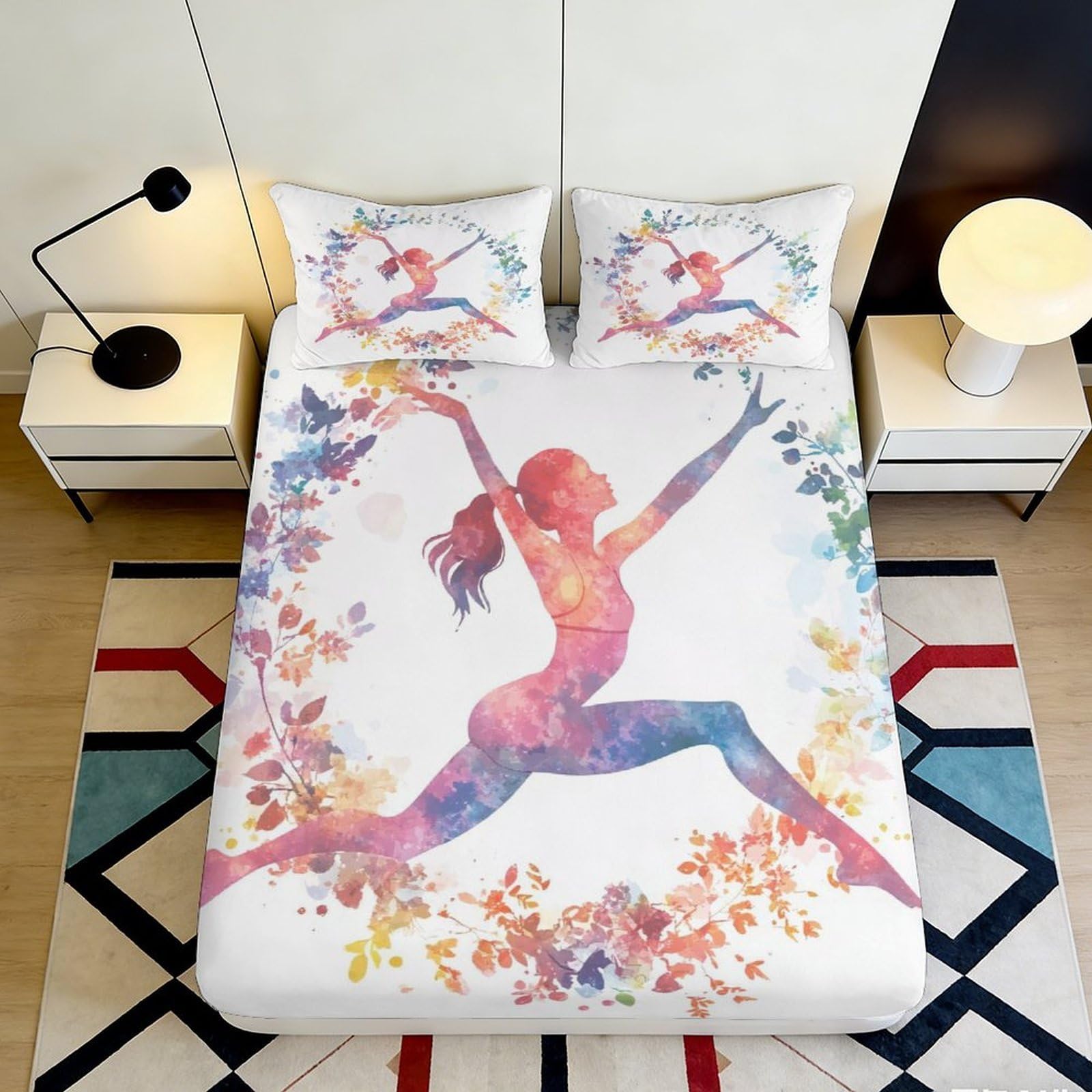 3D Printed Yoga Silhouette Fitted Sheet Microfiber Colourful Dance Mattress Cover for Bedroom Dorm Decor 90x200x25cm