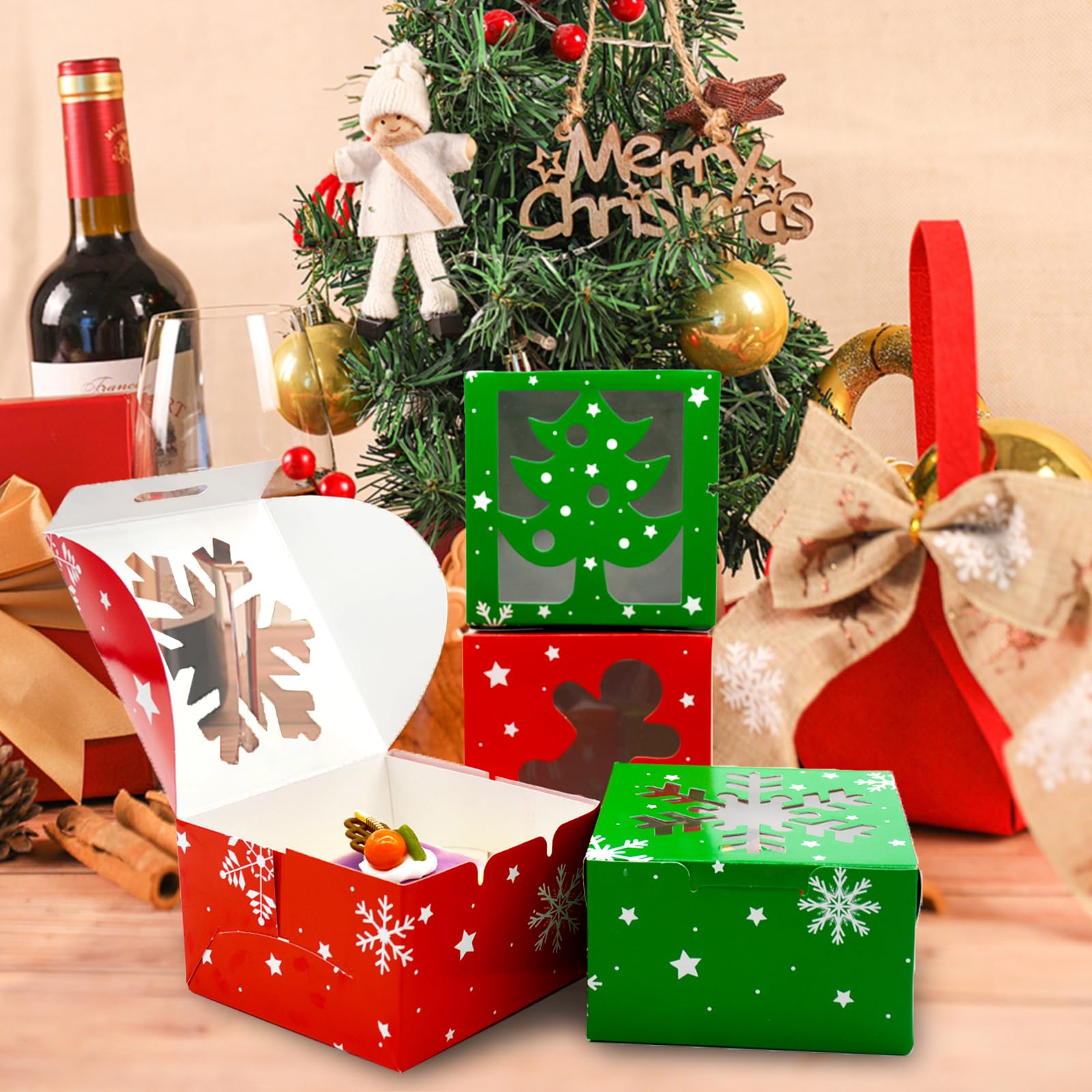 Christmas Cookie Boxes Doughnut Gift Boxes Bakery Box With Clear Window,Green And Red Holiday Designs With Xmas Ribbons For Gift - 15