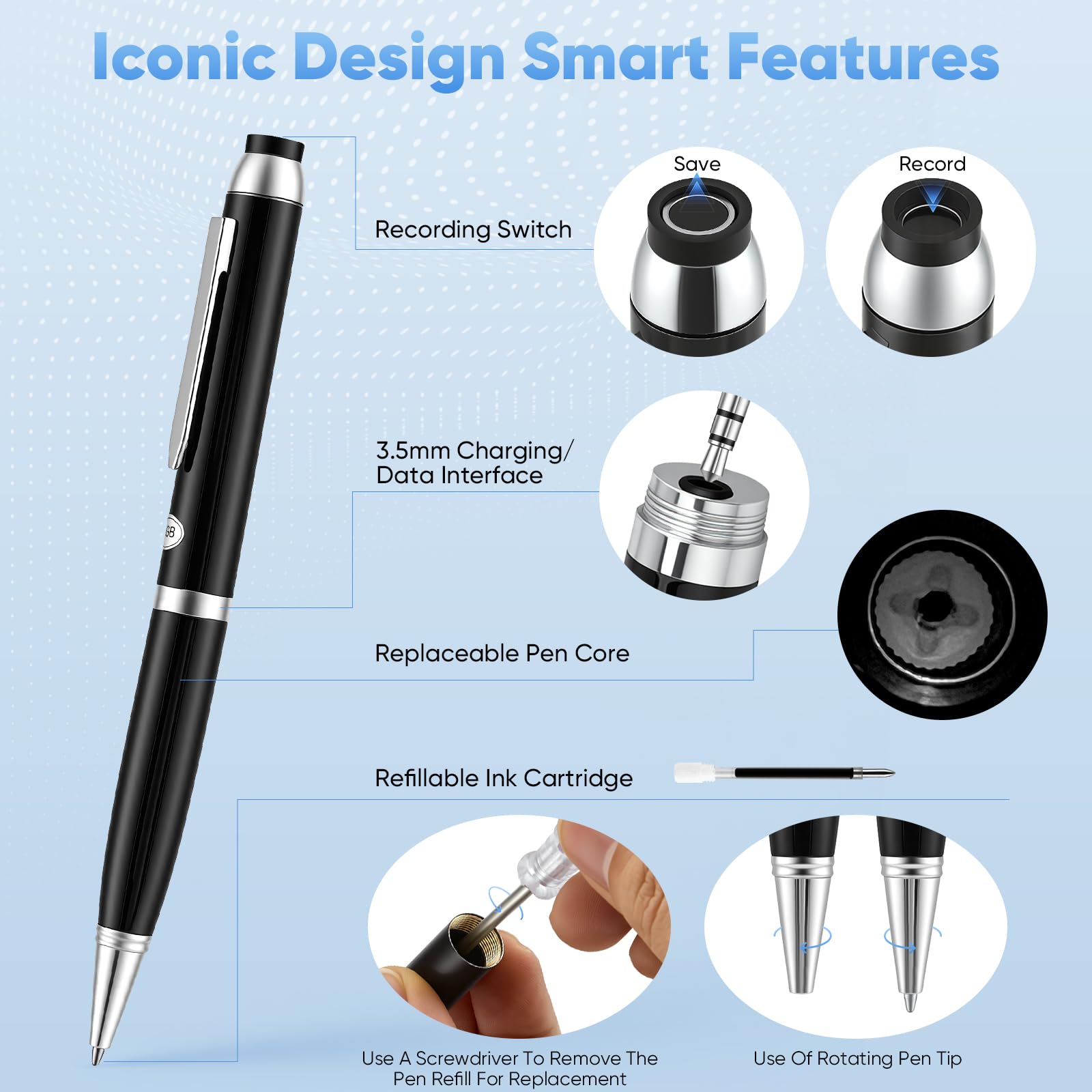 Stylo Enregistreur Vocal IA avec Transcription et Traduction en Temps Réel, Micro 360°, 64 Go + Cloud, 10h Autonomie