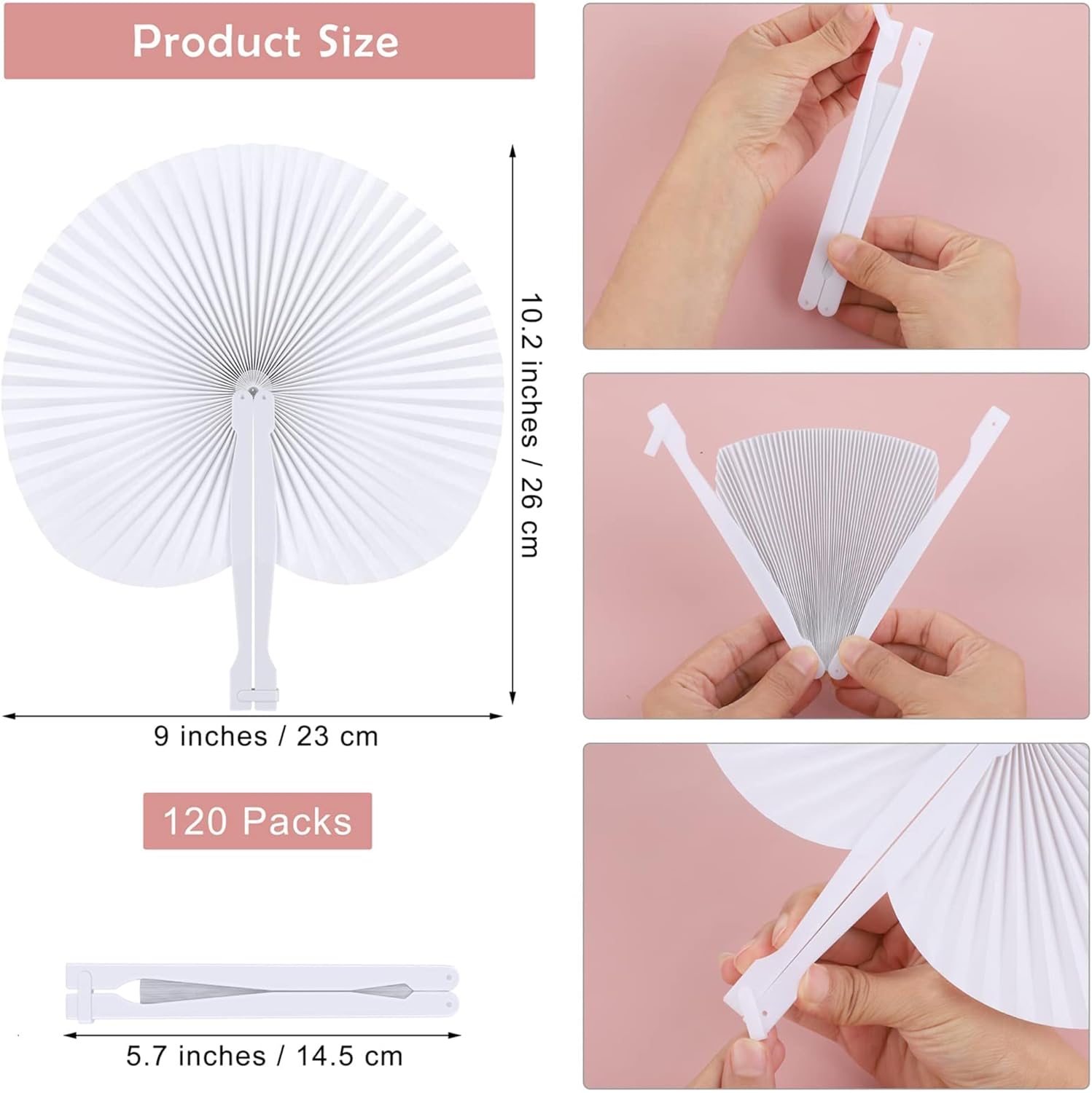 Aodaer 100 Pieces Wedding Paper Fans 9 Inch Folding Handheld Fans White Round Shaped Fans with Plastic Handle for Wedding Birthday Party Favors (Round)