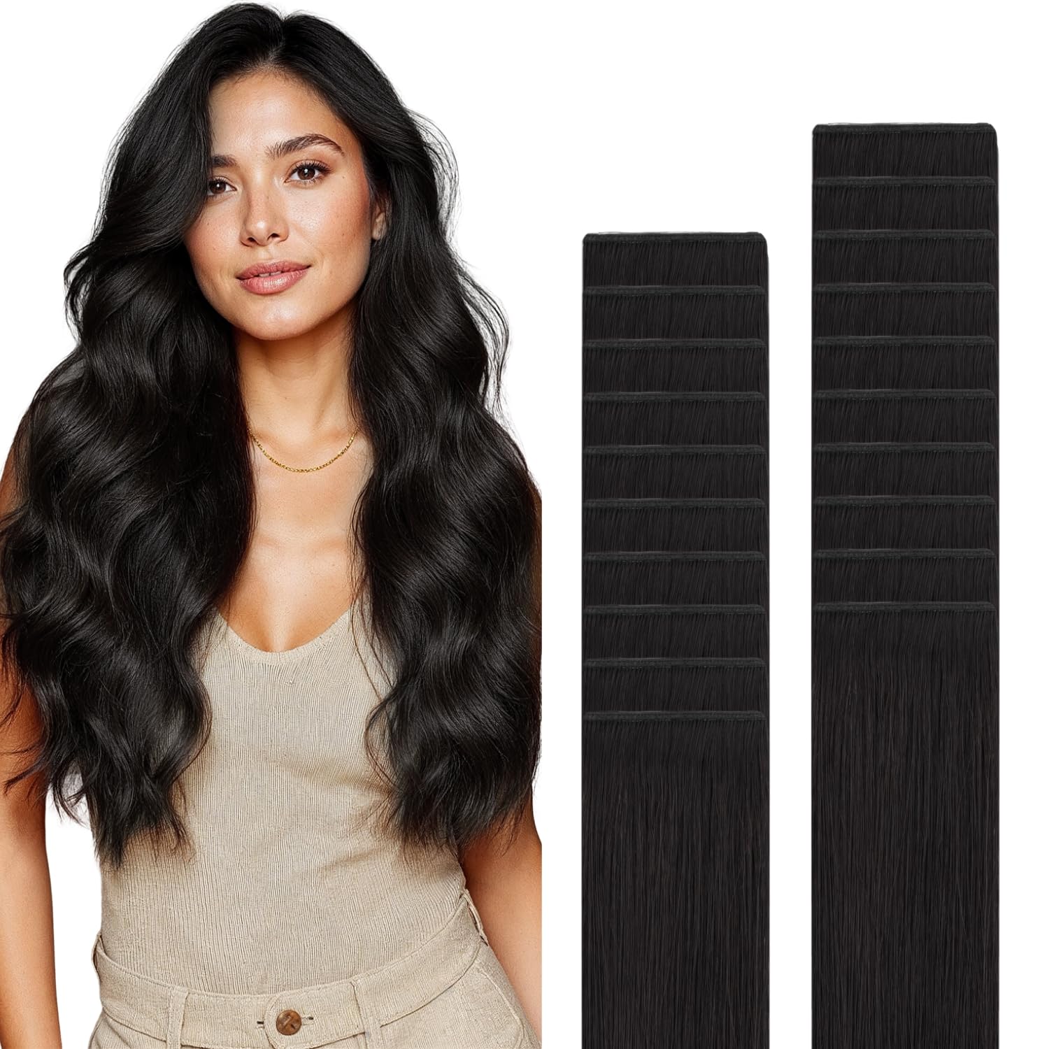 GOO GOO Genius Tape in Hair Extensions, Hand Tied Tape Weft, 1B Natural black, 16inch 50g 20pcs, Remy Human Hair, Seamless Invisible Tape, Natural
