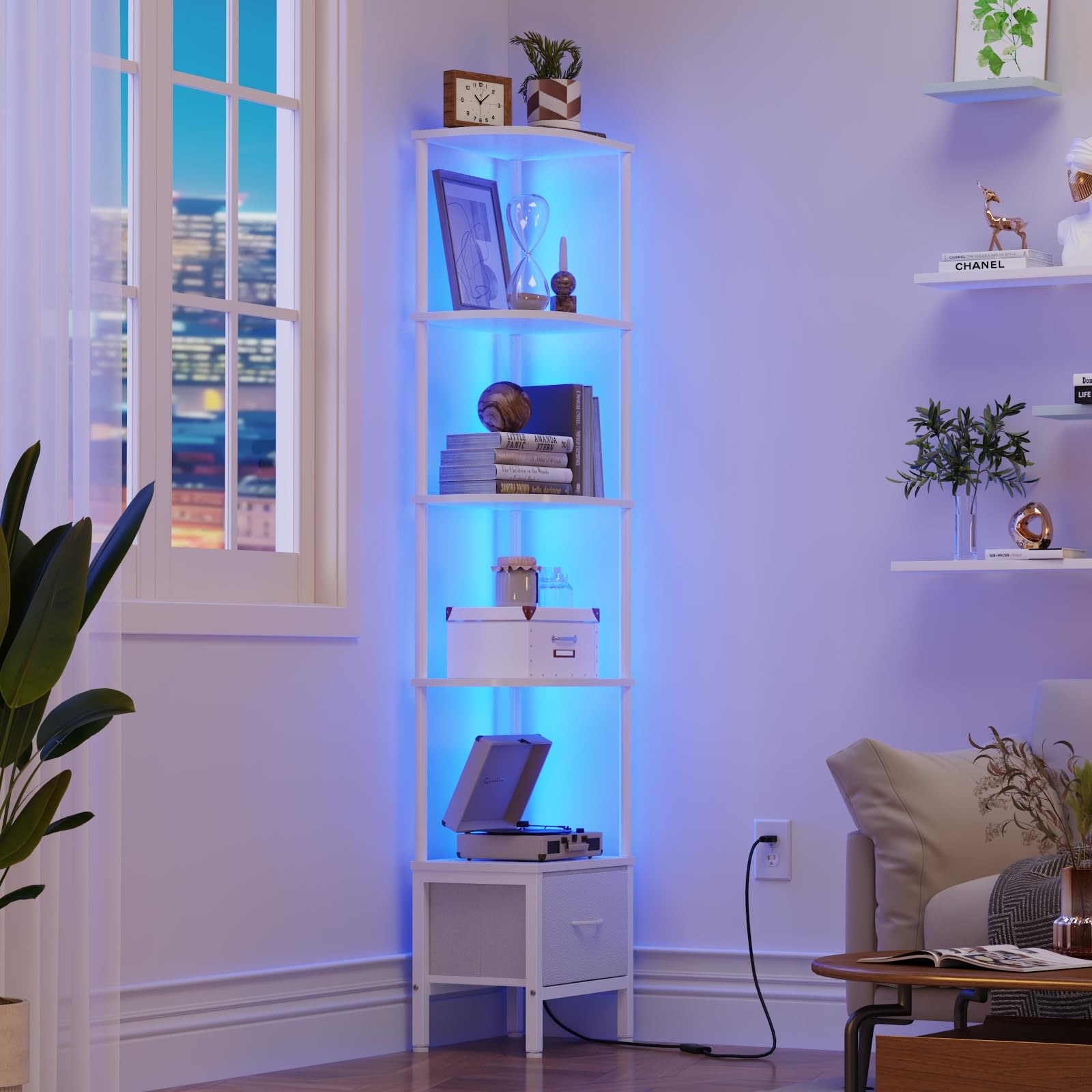 Étagère d'angle 5 Niveaux avec LED et tiroir, Blanc | LED pilotable par APP, montage facile, gain de place, 27×37 cm, étagère étroite, rangement & présentation