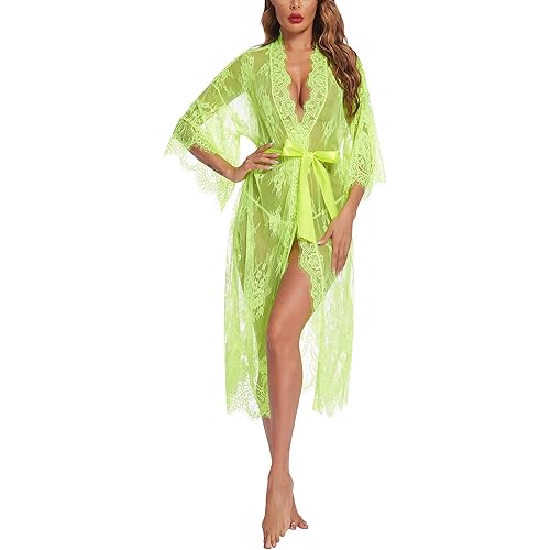 Avidlove Women Sexy Long Lace Lingerie Kimono Robe Sheer Babydoll Nightgown Nightdress