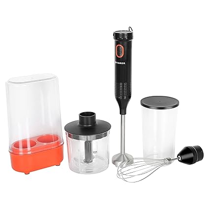 Faber Hand Blender + Chopper | SS Blade & Shaft, 550W Low-Noise DC Motor, ABS Plastic Body, Speed Control & Swirl Technology | Accessories: 1L Container, Chopper Bowl, Whisk, Measuring Cup | (Black)