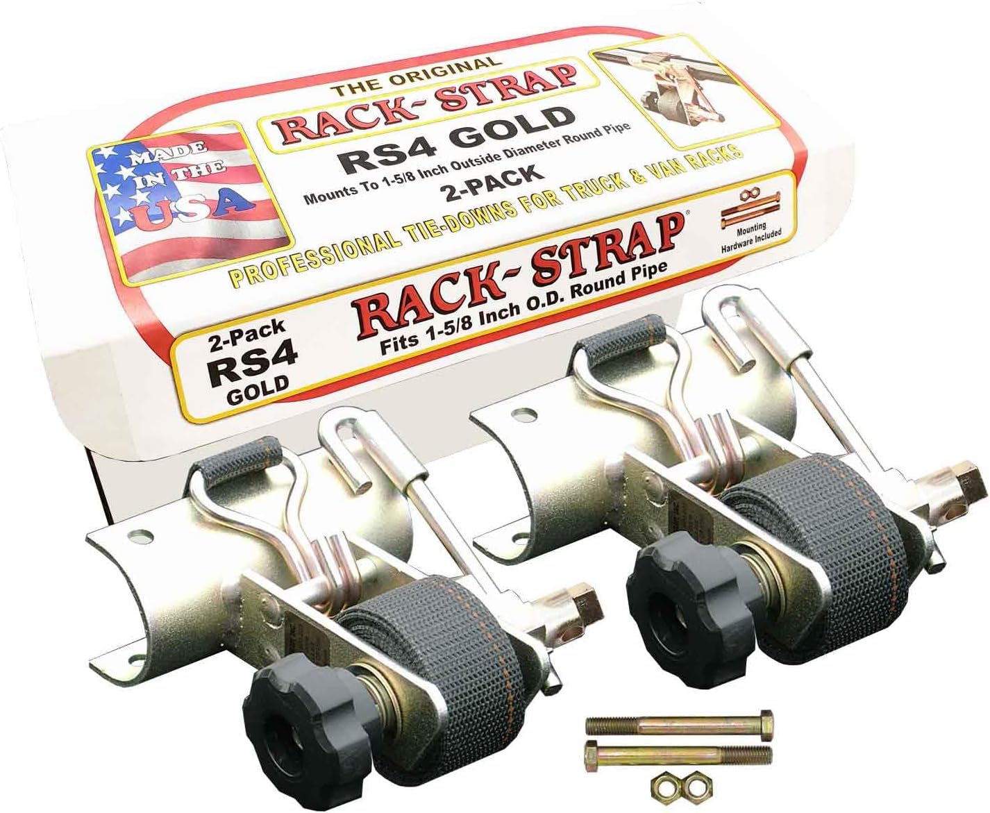 2 Pack, Rack-Strap, The Original American Made Ladder Rack Tie-Downs, Round Mounting Bracket, RS4 Gold 1-5/8 Inch Diameter Round Mounting Bracket, Bolt Mounting Hardware Included, 8 Foot Black Strap
