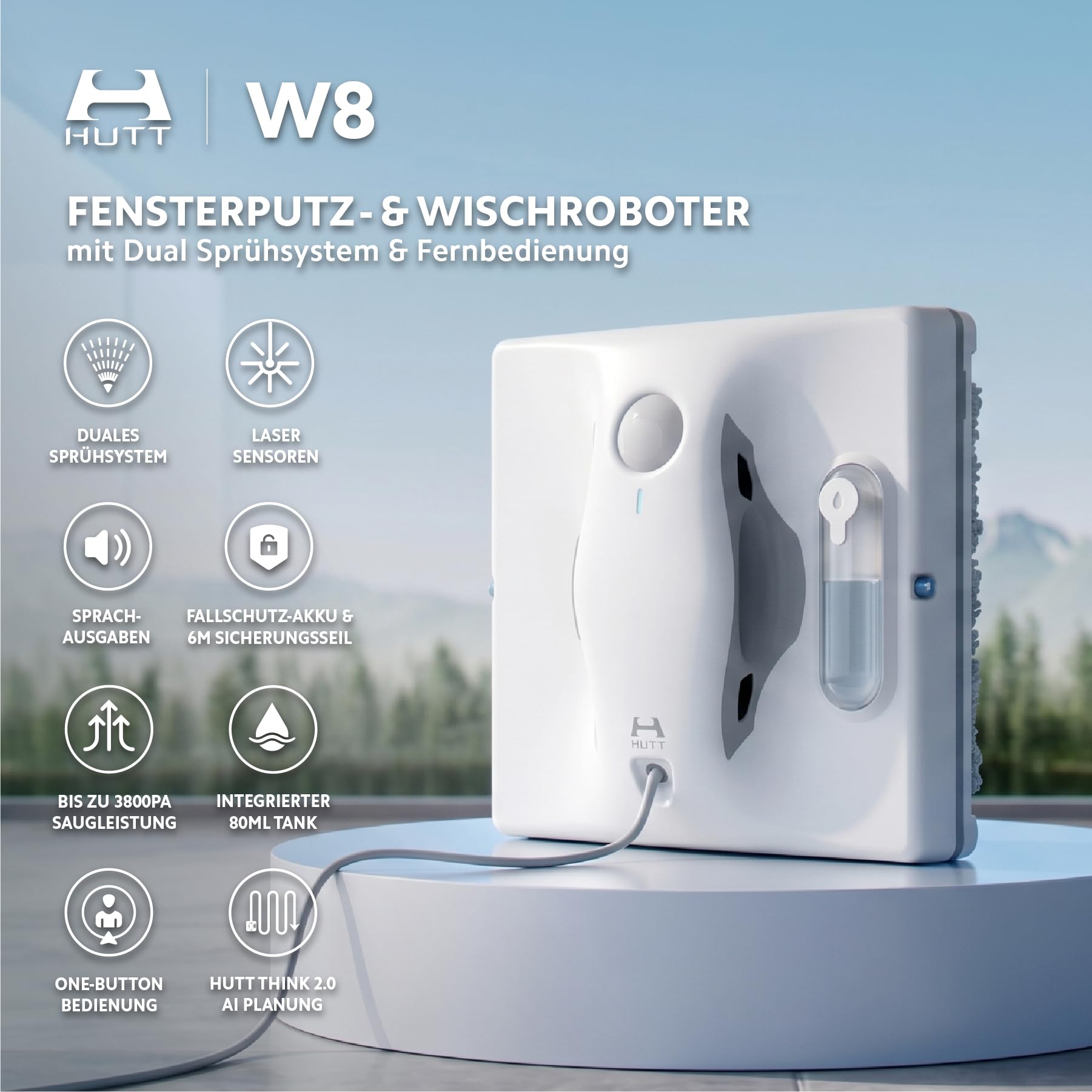 HUTT W8 Fensterputzroboter mit 2-Fach Sprühsystem (80ml Tank, max 3800Pa Saugleistung, Kanten- und Hinderniserkennung, Für Glas, Fliesen, Wintergärten, Spiegel etc, Sicherungsseil, 4X Reinigungstuch)
