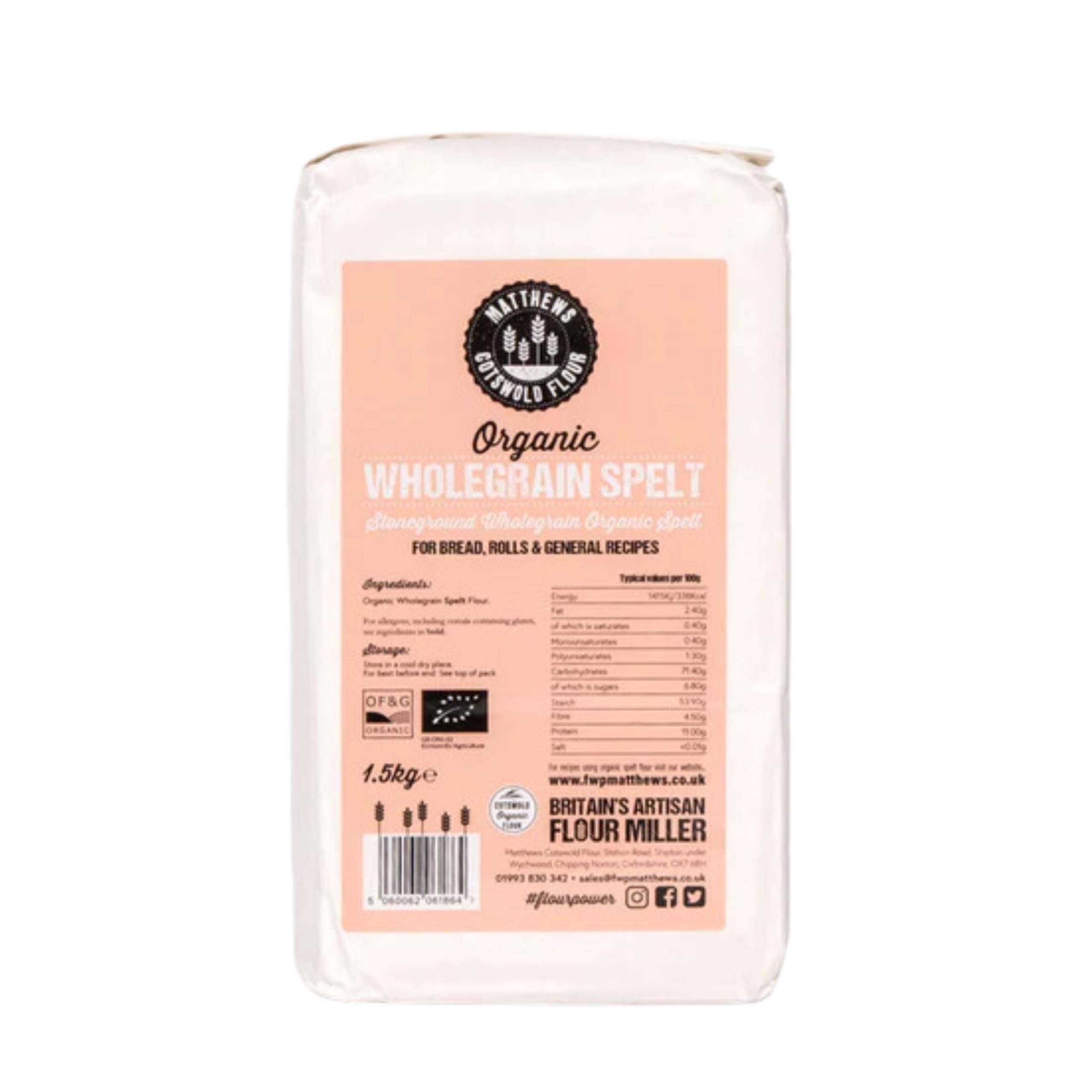 Matthews Cotswold Organic Stoneground Wholegrain Spelt - 1.5kg Bag (Single Bag)