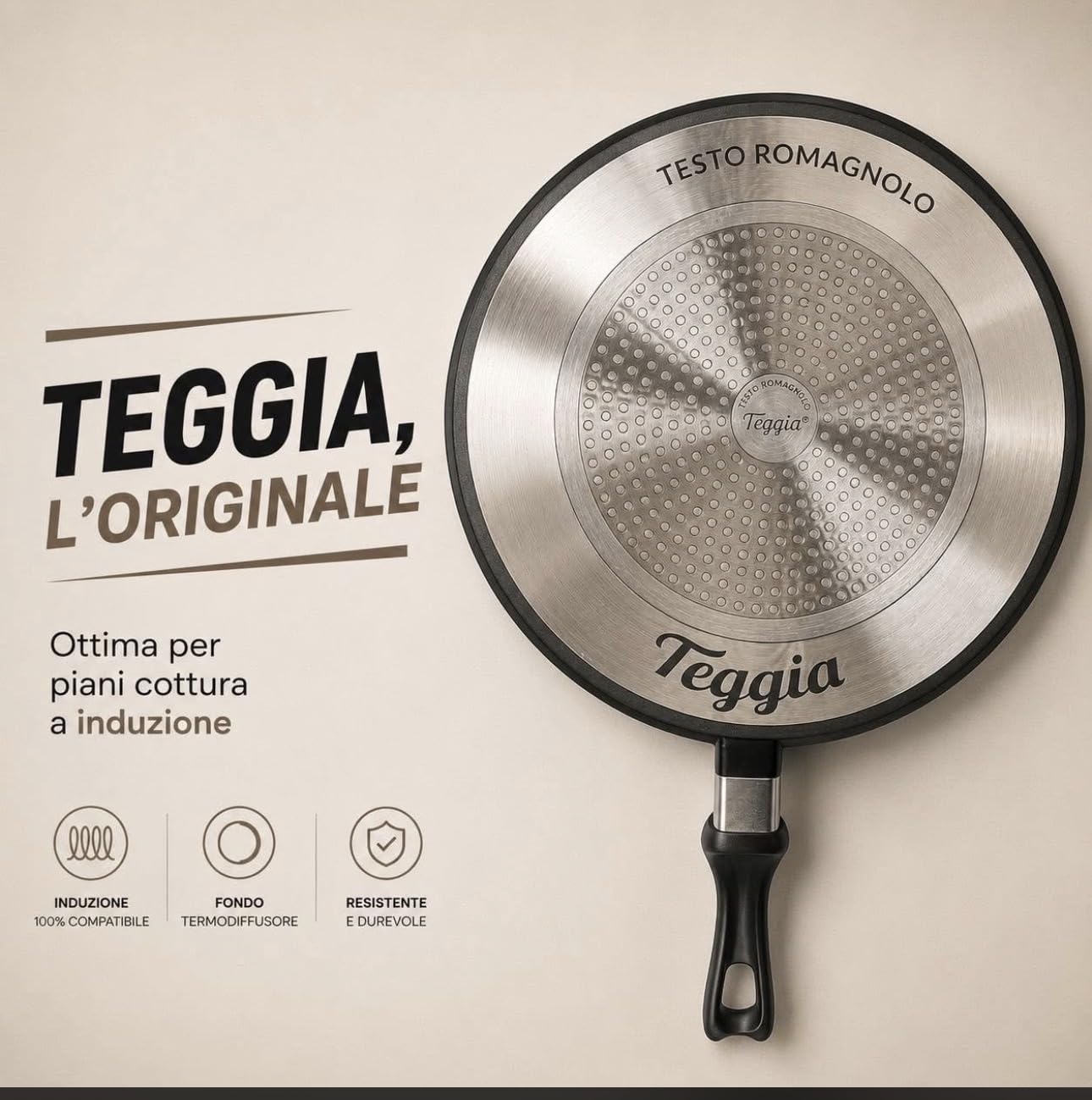 Generico Teggia Testo Romagnolo 32 cm, Piastra Antiaderente per Piadine, Carne, Pesce e Verdure, Adatta a Tutti i Piani Cottura, Made in Italy