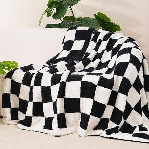 Miniatura 6 de PHF Manta suave a cuadros, manta reversible de punto a cuadros, manta reversible suave y cálida para sofás y viajes de campamento. Negro, 50 x 60