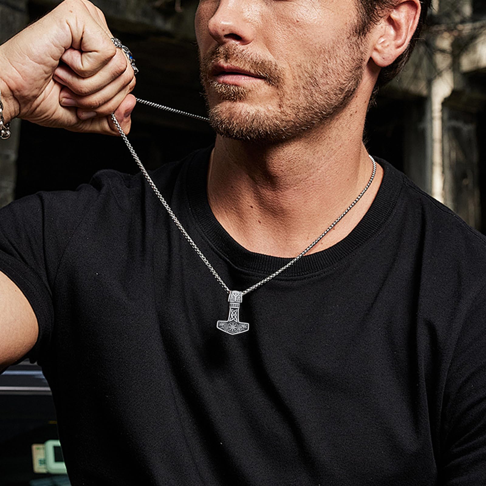 Thors Hammer Halskette 925 Sterling Silber Mjölnir Kette Thor Hammer Anhänger mit Krähen Vegvisir Amulett Schmuck für Männer Unisex, Sterling Silber