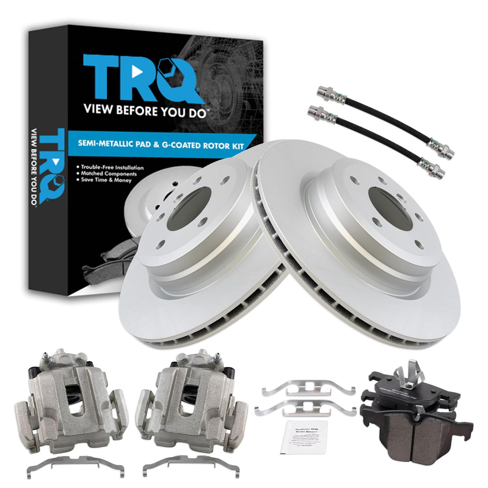TRQ Rear Brake Pad and Rotor Set Semi Metallic G Coated Rotors Calipers Compatible with 2006 BMW 330i 330xi 2009-2011 335d 2007-2013 335i 2011-2013 335is 2007-2008 335xi