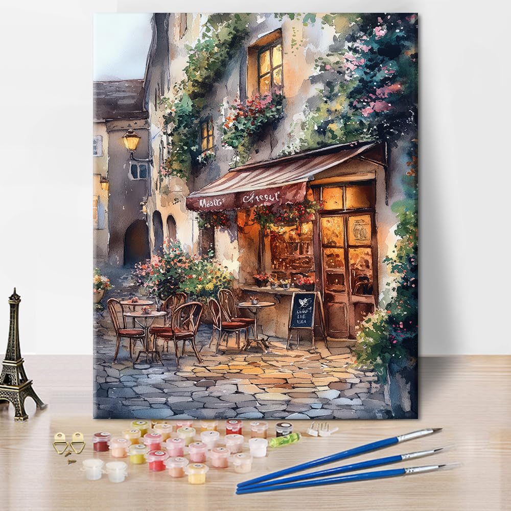 TISHIRON Adults Paint by Numbers Kit European Cafe Street Scene DIY Canvas Painting for Beginners Rustic Ivy Covered Walls Cobblestone Outdoor Seating with Blooming Flowers Acrylic 16x20 Inch — image 1