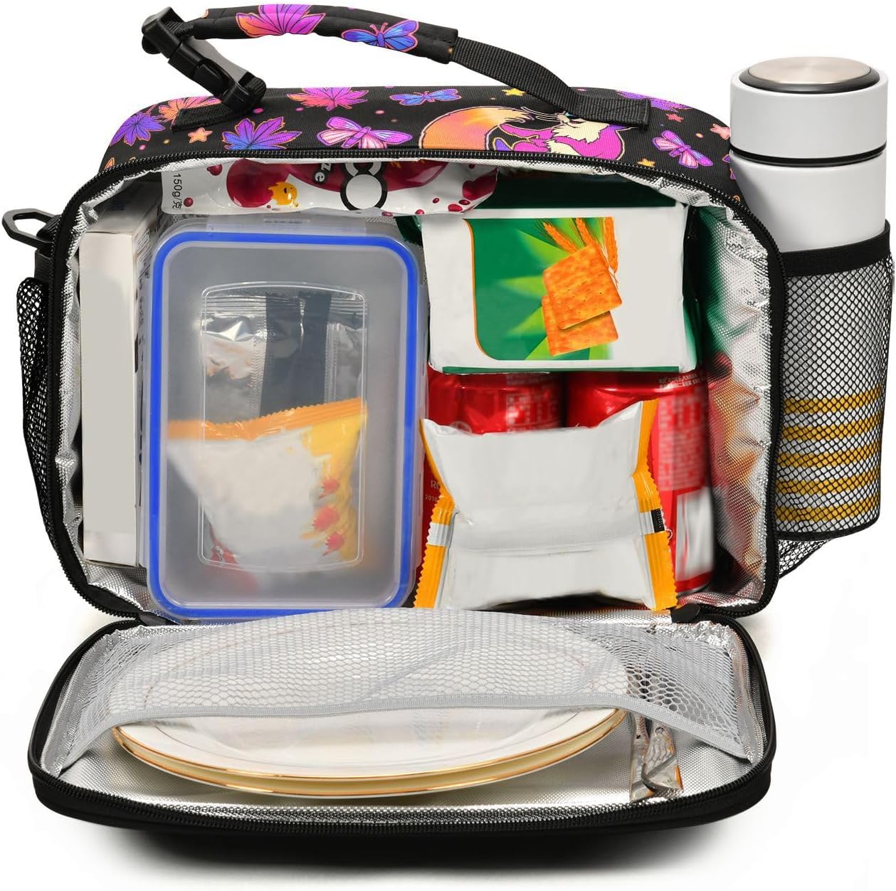 Psychedelic Fox Cat Lunch Box for Girls Purple Insulated Lunch Bag Kids Boys Cooler Tote Shoulder Strap Reusable School Travel Picnic