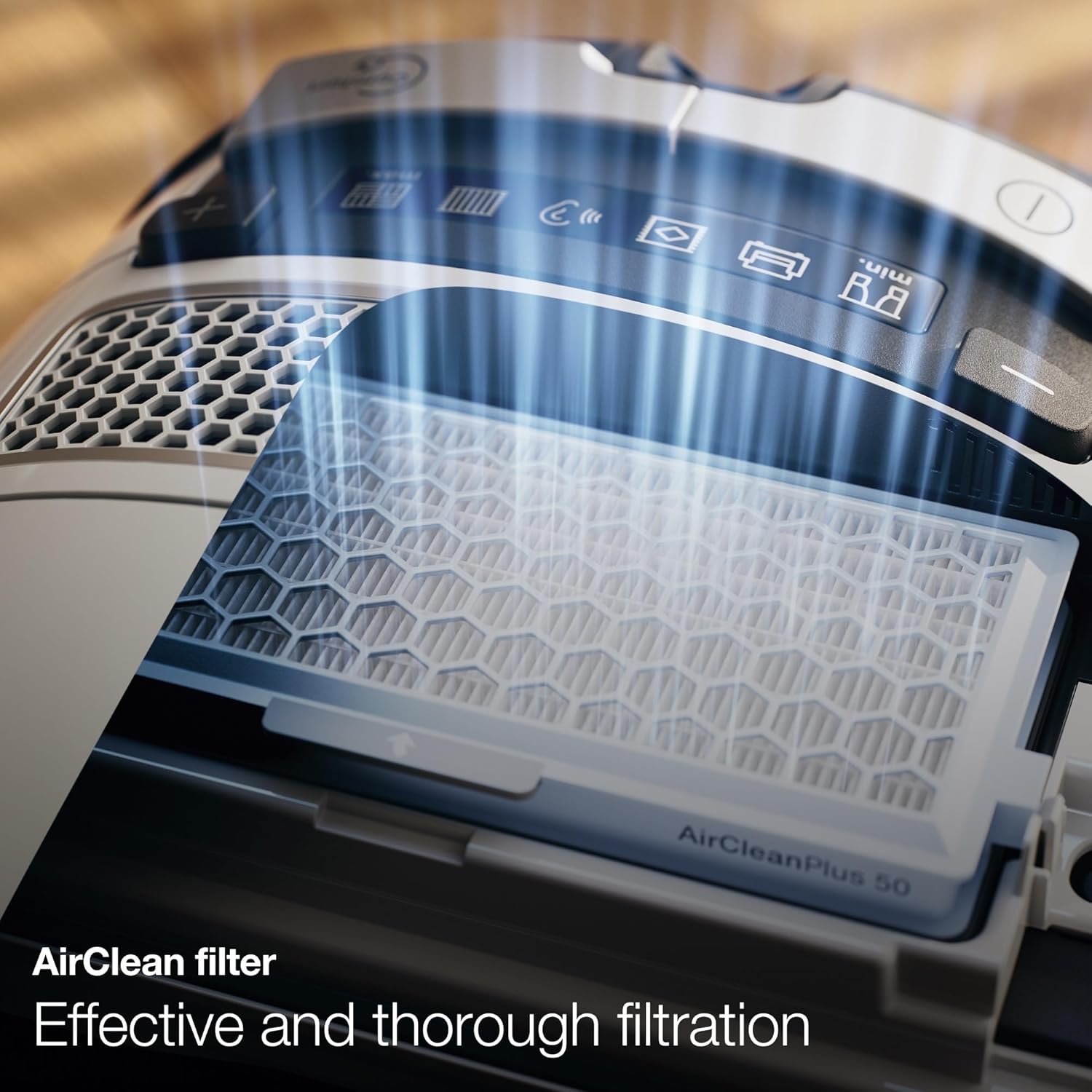 Close-up of the Miele AirClean filter being removed or inserted