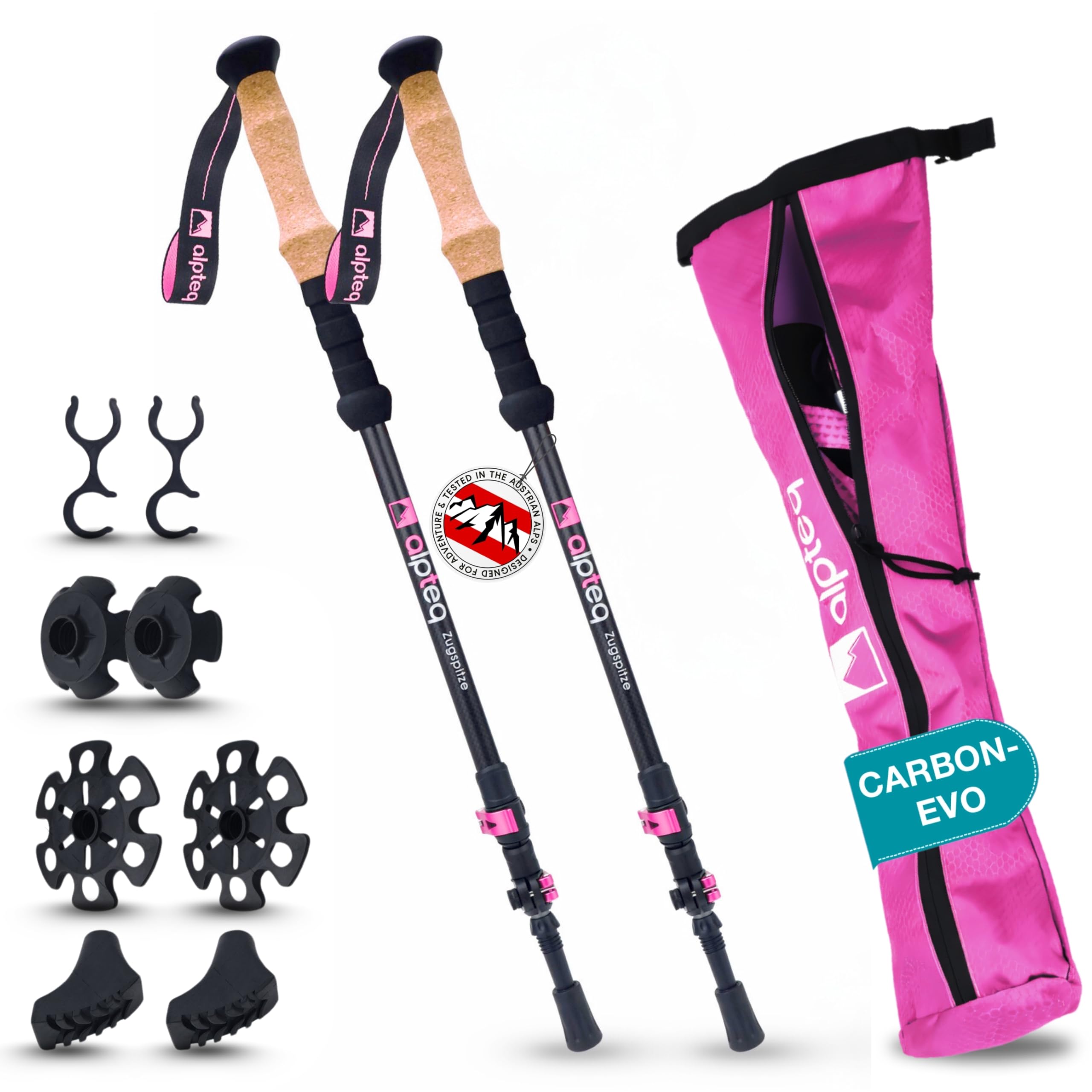 Alpteq® Carbon Wanderstöcke Teleskop – Ultraleichte Trekkingstöcke Kohlenstofffaser & Aluminium für Damen, Herren & Kinder | Verstellbar 65–135 cm | Nordic Walking Stöcke mit ergonomischem Griff