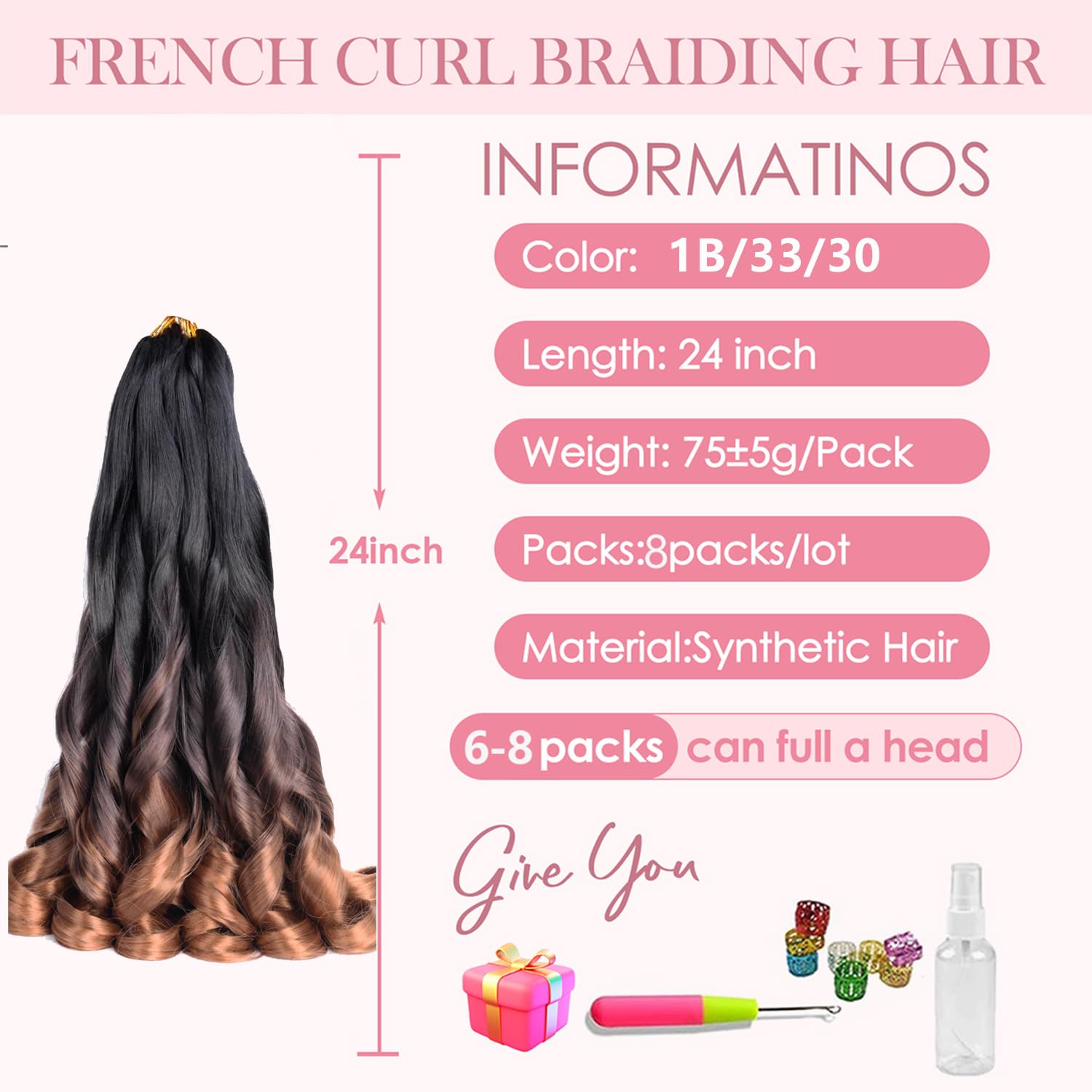 French Curl Braiding Hair 24 Inch 8 Packs Pre Stretched Loose Wave Bouncy Braiding Hair Spanish Curly Ends Synthetic Hair Extensions for Braiding（1B/33/30）