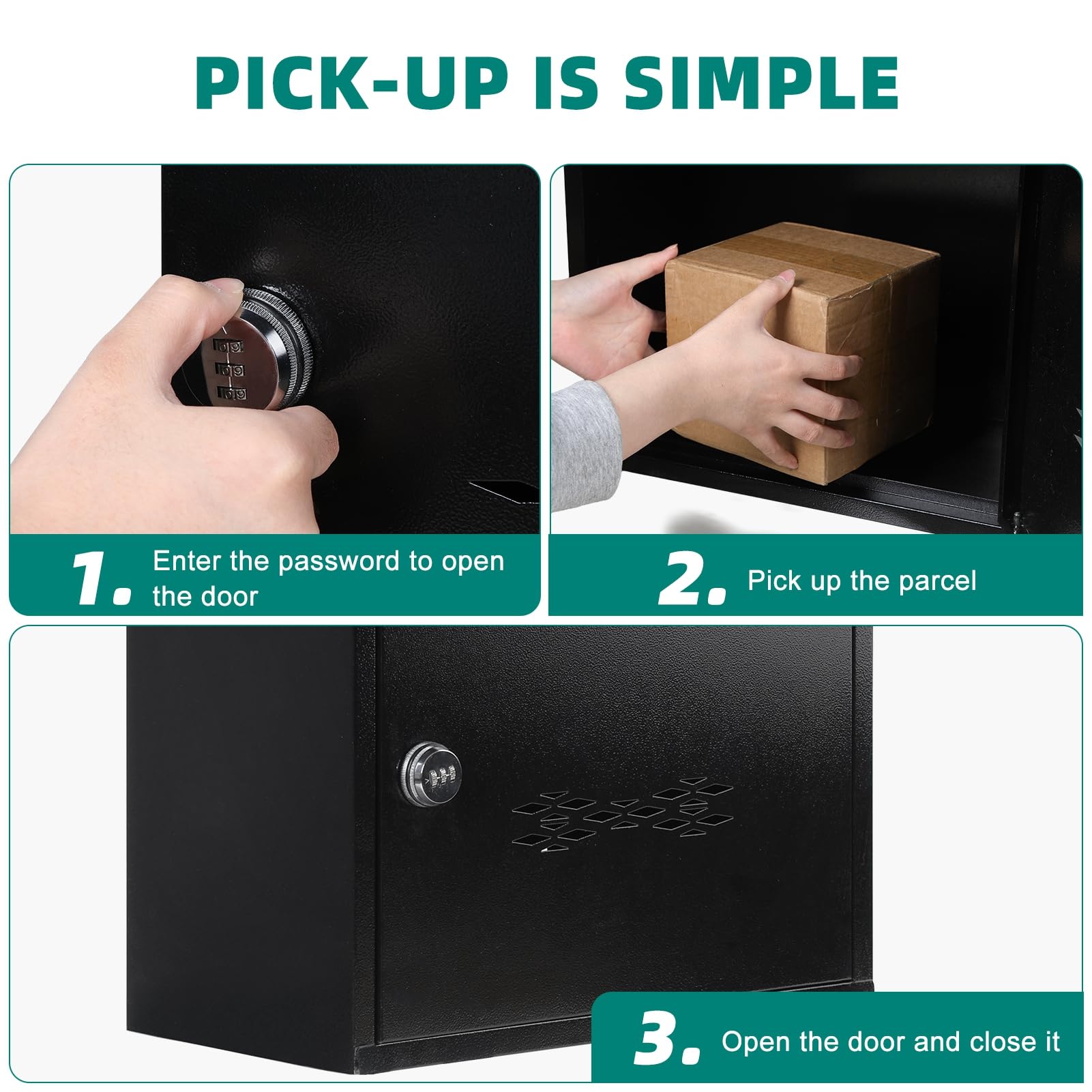 Große abschließbare Paketbox, wetterfeste Paketbox für den Außenbereich, mit Zahlenschloss, Wandmontage, Lieferboxen aus Eisen, sicherer Frontzugriff, Diebstahlschutztür, 75 x 40 x 24 cm, schwarz, 75