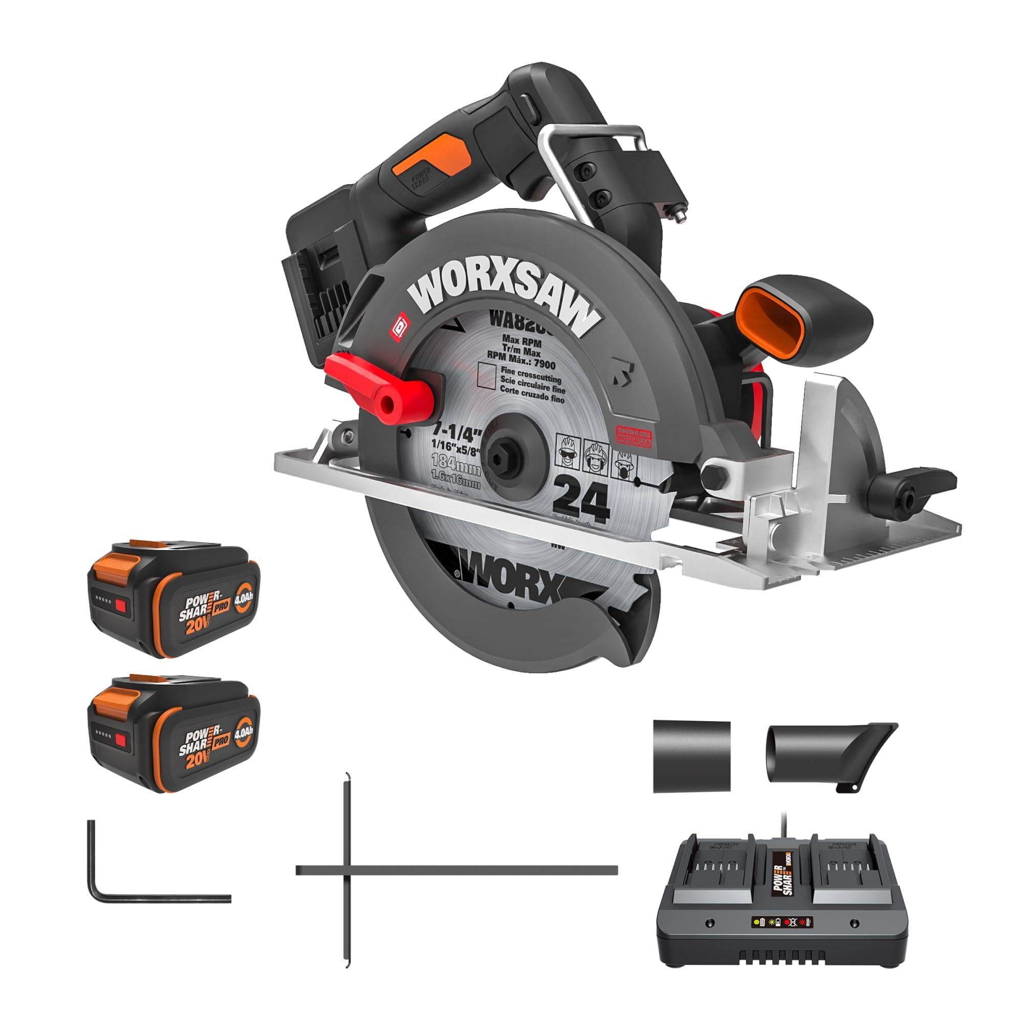 WORX WX533 Sierra Circular Brushless 40V 190mm, 70mm, 2x4Ah | Corte 90° 70mm / 45° 49mm, bisel 56°, freno eléctrico, luz LED, gancho vigueta, disco TCT 24T, bolsa incluida