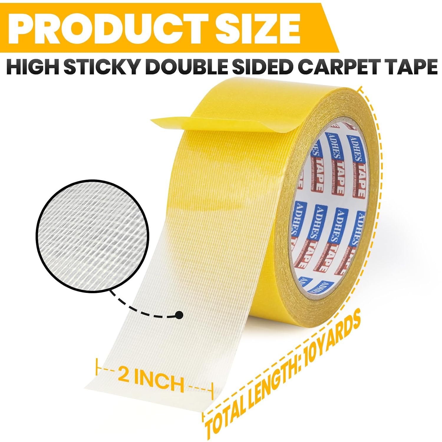 ADHES Double Sided Carpet Tape Heavy Duty, Removable and Residue-Free Rug Gripper Rug Tape for Hardwood Floors, Clear Multipurpose Mounting Tape for Area Rugs and Anti-Slip Grips, 2 Inch x 10 Yards
