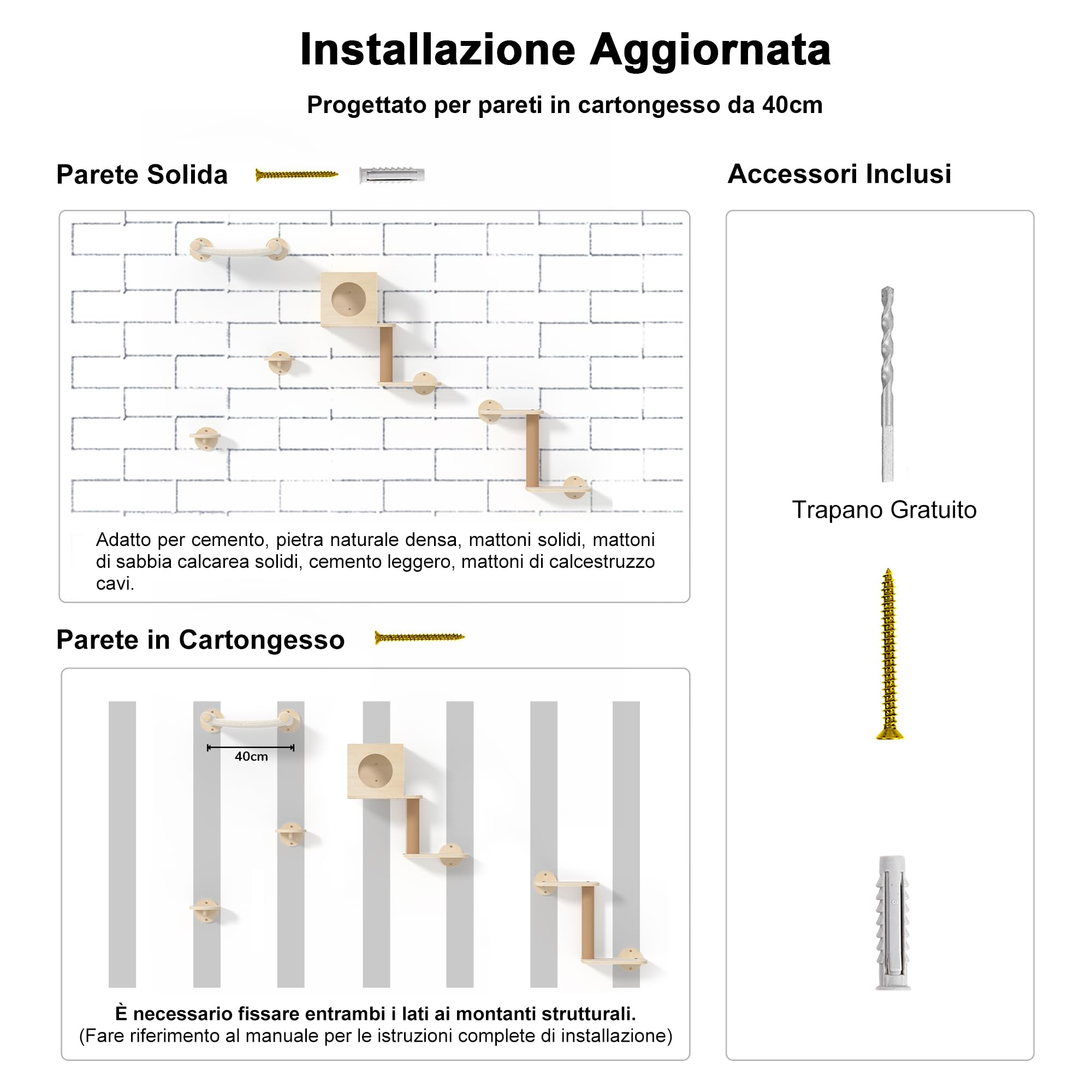 FUKUMARU Mensole da Parete per Gatti, Set Arrampicata per Gatti da Parete di 5 Pezzi, Piattaforme in Legno Stabile, Amaca, Casetta, Scalini e Tiragraffi Integrato - Design Moderno Beige