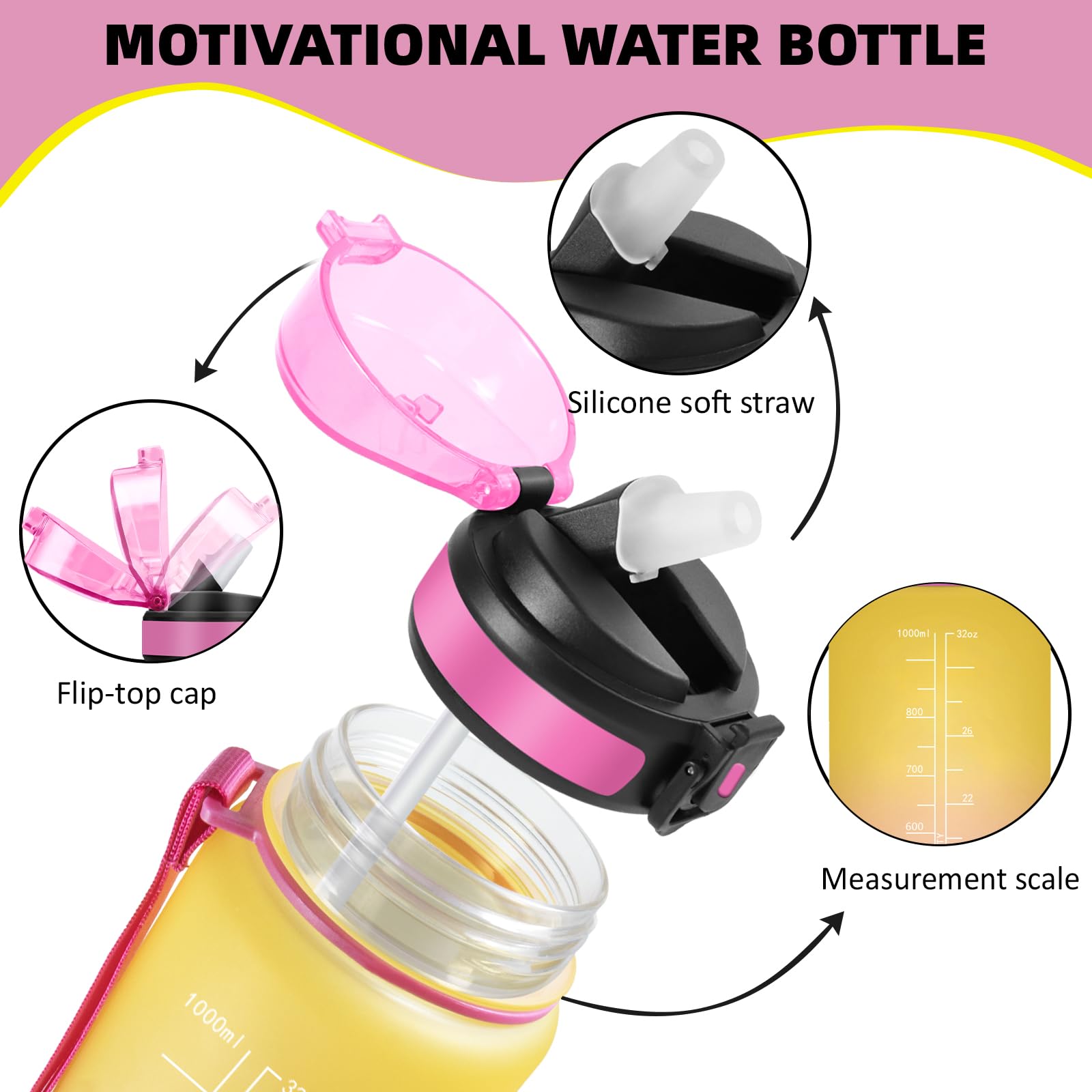 Trinkflasche 1l, Wasserflasche Auslaufsichere, Trinkflasche Sport mit Sichere Verriegelung, Mit Zeitmarkierung und Schnürung, Flasche mit Strohhalm, Water Bottle für Uni, Fitnessstudio, Outdoor - 3