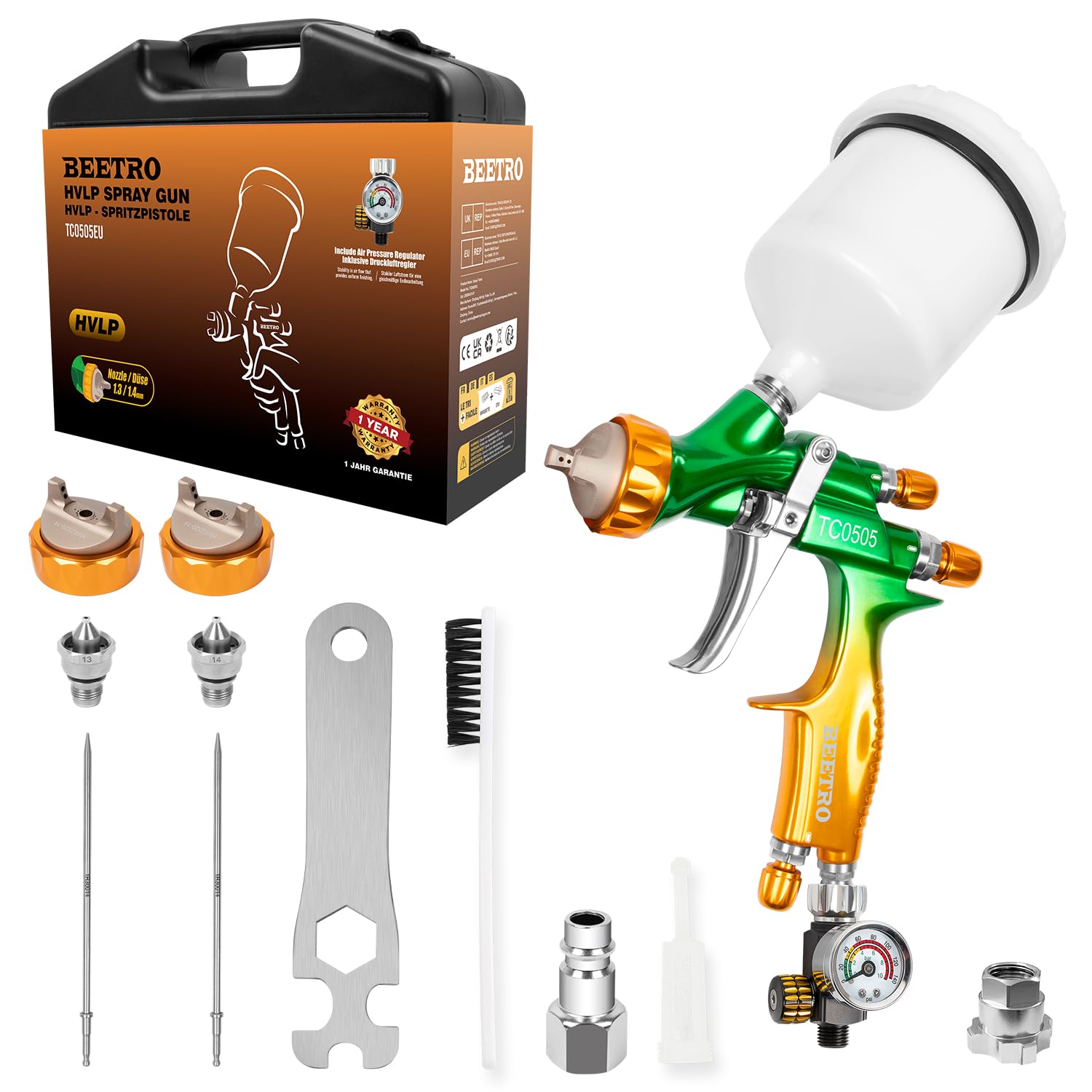 BEETRO HVLP Professioneel Zwaartekracht Luchtspuitpistool, 280-320mm Breed Spuitpatroon 1,3/1,4mm Mondstuk met Luchtregelklep, 600ml Capaciteit 14CFM 29psi, 1/4 Adapter en Filter