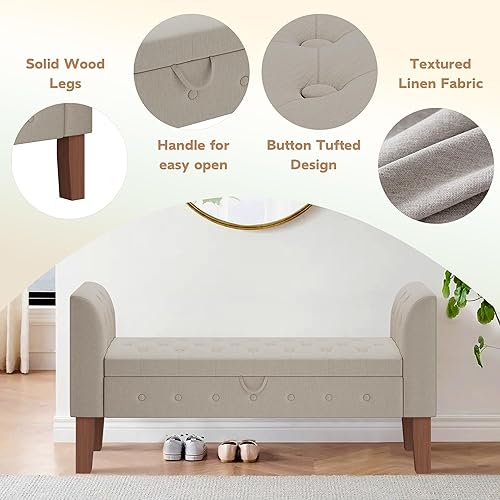 Miniatura 6 de Awonde Banco de almacenamiento tapizado con brazos otomano para dormitorio, entrada, sala de estar, color caqui Avena,Beige,Gris