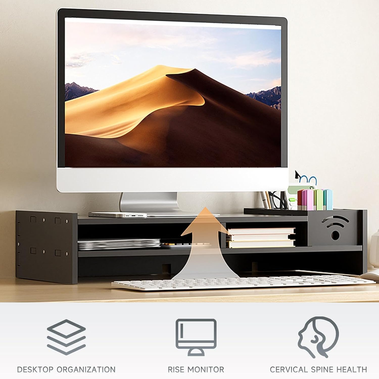 Monitor Stand For Desk - 2 Tier Ergonomic Shelf, 4.3 Inch Height Computer Stand With Storage Organizer | PVC Wood Composite For Home Laptop TV Dorm Study Room