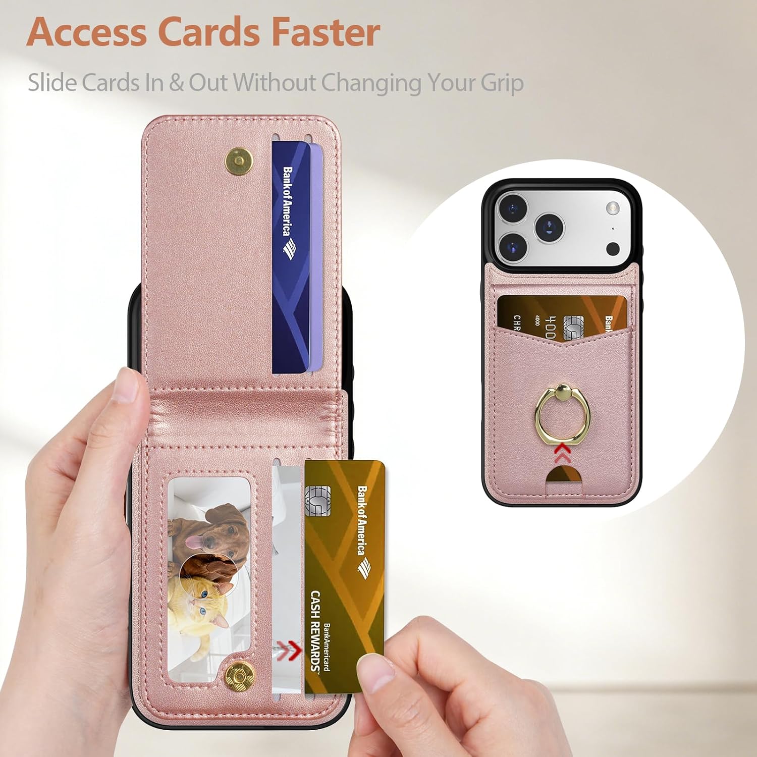 LOHASIC for iPhone 17 Pro Wallet Case with Ring Holder, 5 Card Slots & RFID Blocking, PU Leather Vertical Flip Case with Kickstand, Finger Ring Grip Card Holder 6.3" Cover for Women Men, Rose Gold