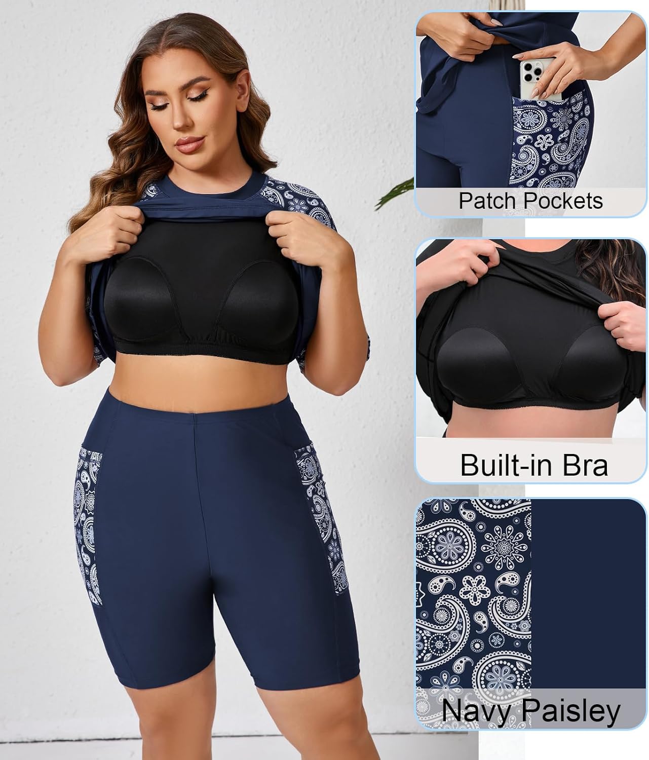 Halcurt Women's Plus Built in Bra Rash Guard Two Piece Swim Shirt and Pockets Boyleg Shorts - Image 5