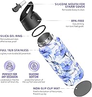 Vista 4 de THILY Botella de agua aislada de acero inoxidable con triple aislamiento, 32 onzas, botella de agua de boca ancha a prueba de fugas con 2 tapas