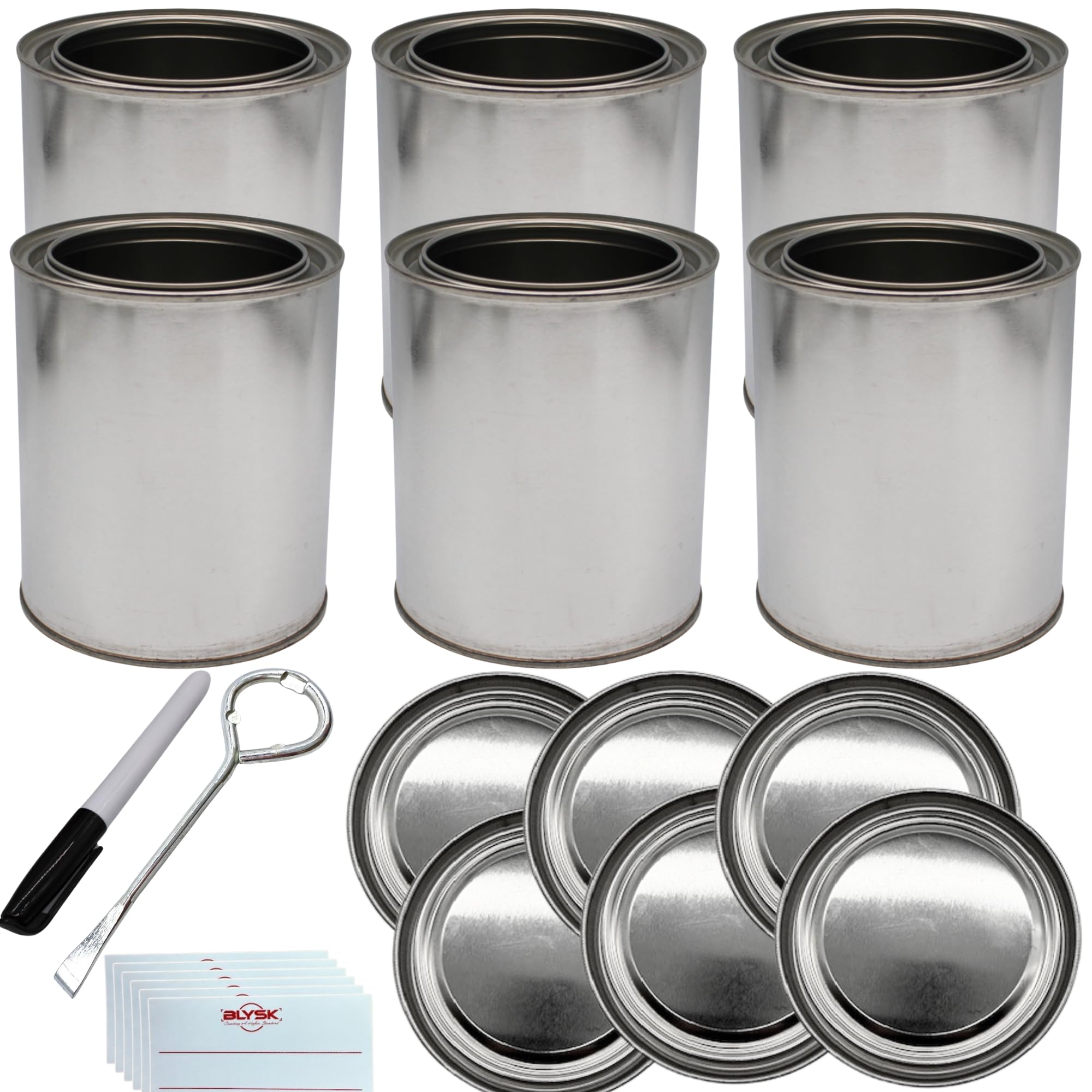 Empty Metal Paint Cans, 32 oz, Unlined, Labels, Marker, Opener 6 Pack