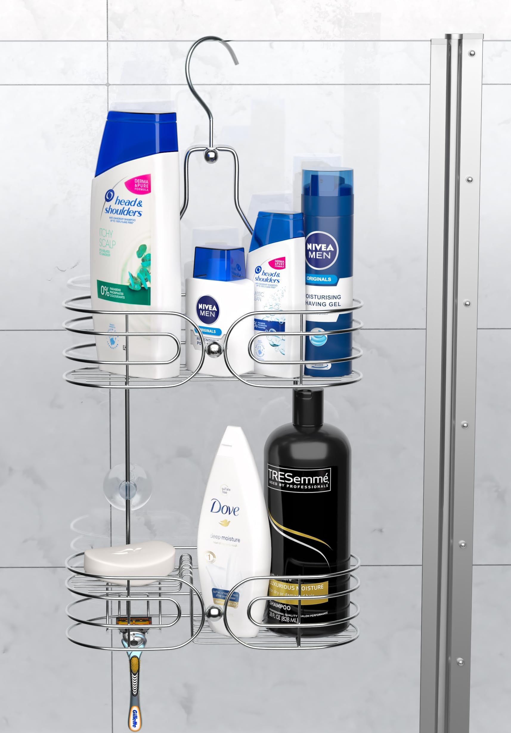 Hanging Shower Caddy - 2-Tier Rust-Resistant Stainless Steel Shelves Chrome Rack Organizer Bathroom Basket Storage Holds Shampoo, Conditioner, Soap, Bath Sponge, Scrubs, Razors, Washcloths