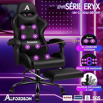 ALFORDSON Chaise De Massage De Jeu, Chaise De Course, Ergonomique, Avec LED, Inclinaison à 150