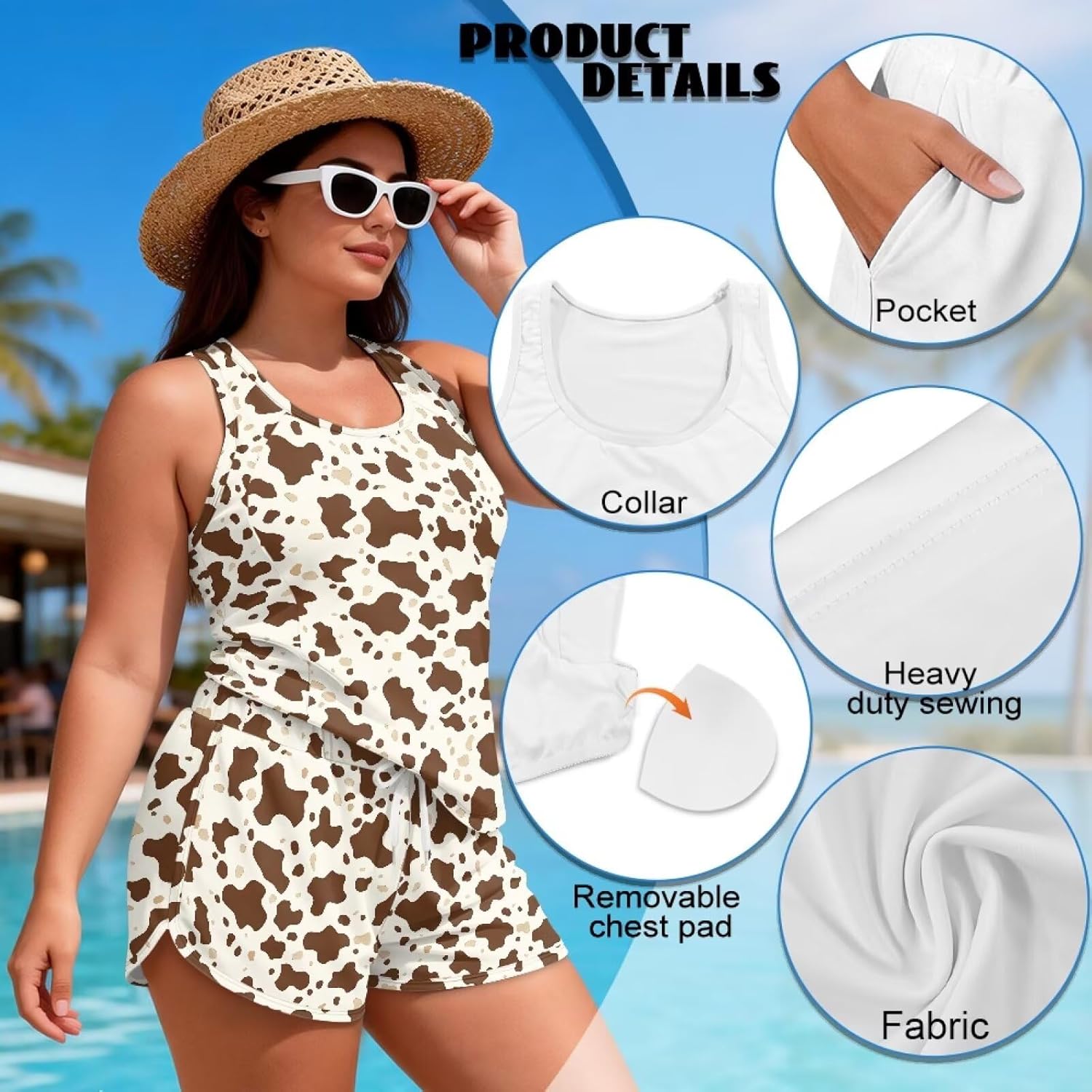 Women's Tankini Fashion Swimsuits Tummy Control Swimwear with Pockets Summer Bathing Suits for Beach Walk Travel S-6XL