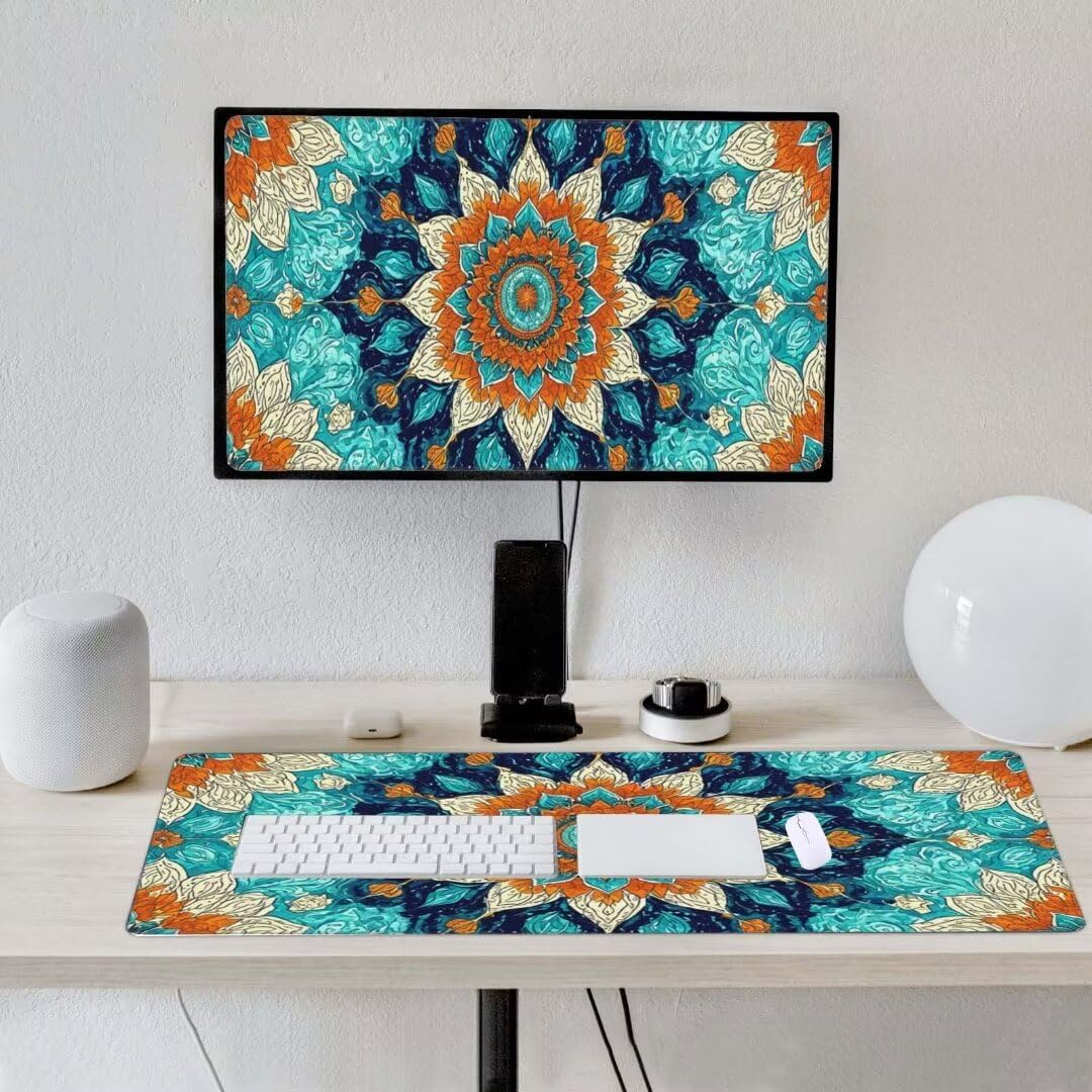 Alfombrilla de ratón 1400x600x3 MM, Alfombrilla Ratón XXL Extendida de Gran Tamaño con Bordes Cosidos, Base de Goma Antideslizante Almohadilla para Teclado, Flores de Mandala S-8723
