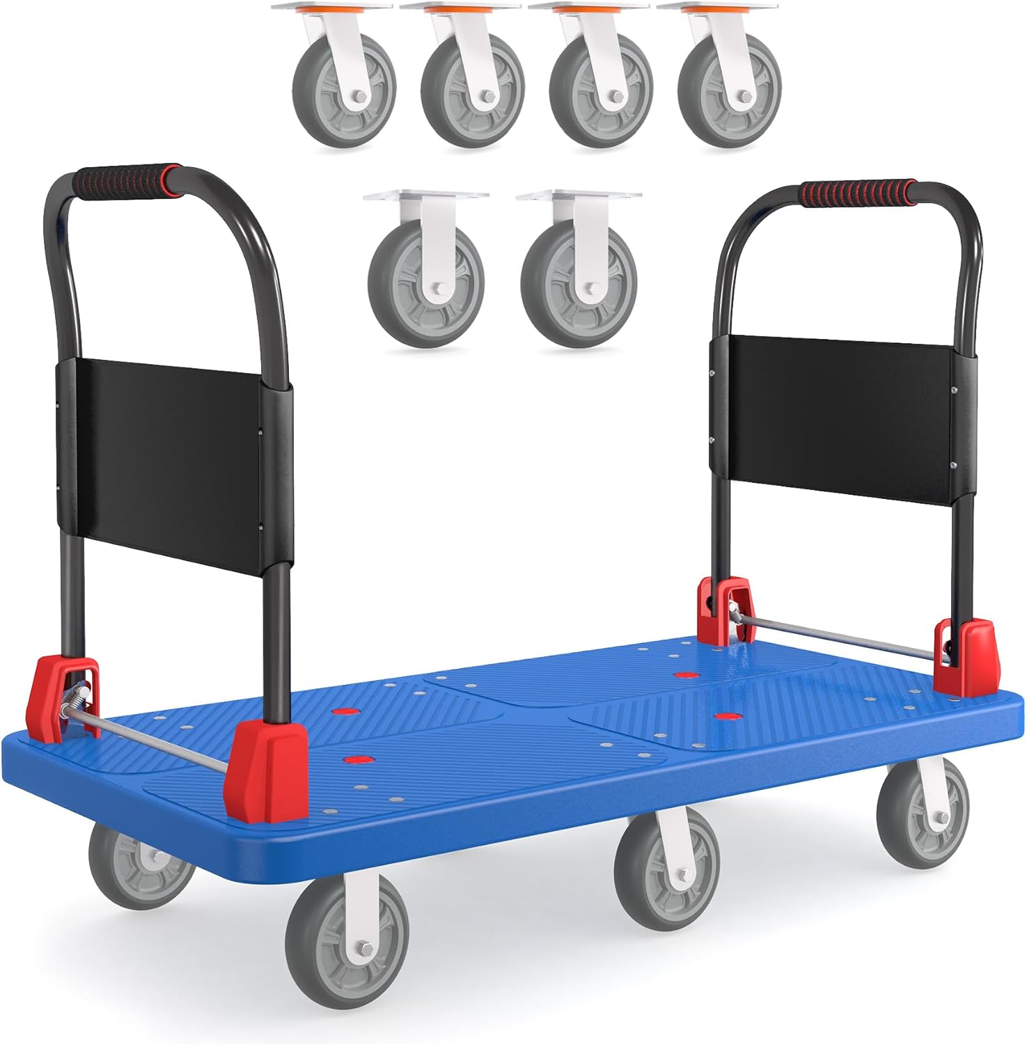 Heavy-Duty Platform Truck Cart with 2 Handrails and 6 of 6" Wheels 2200lbs Capacity Foldable Push Cart Dolly Large Flatbed Hand Cart Moving Dolly Cart for Groceries, Garage, Warehouse (50" L x 27" W)