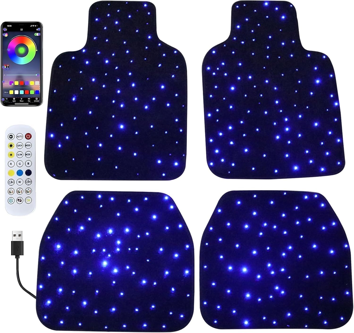 Tapis de Voiture Starlight, Tapis LED en Fibre Optique, Tapis Imperméables Antidérapants 7 Couleurs, Accessoires de Sol Universels pour SUV, Berline, Van Type-C