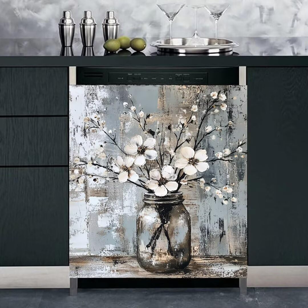 RTHDG Country White Flower Magnet Dishwasher Door Cover Retro Style Vinyl Panel Decal, Still Life Flowers Refrigerator Magnetic Skins Cover Reusable