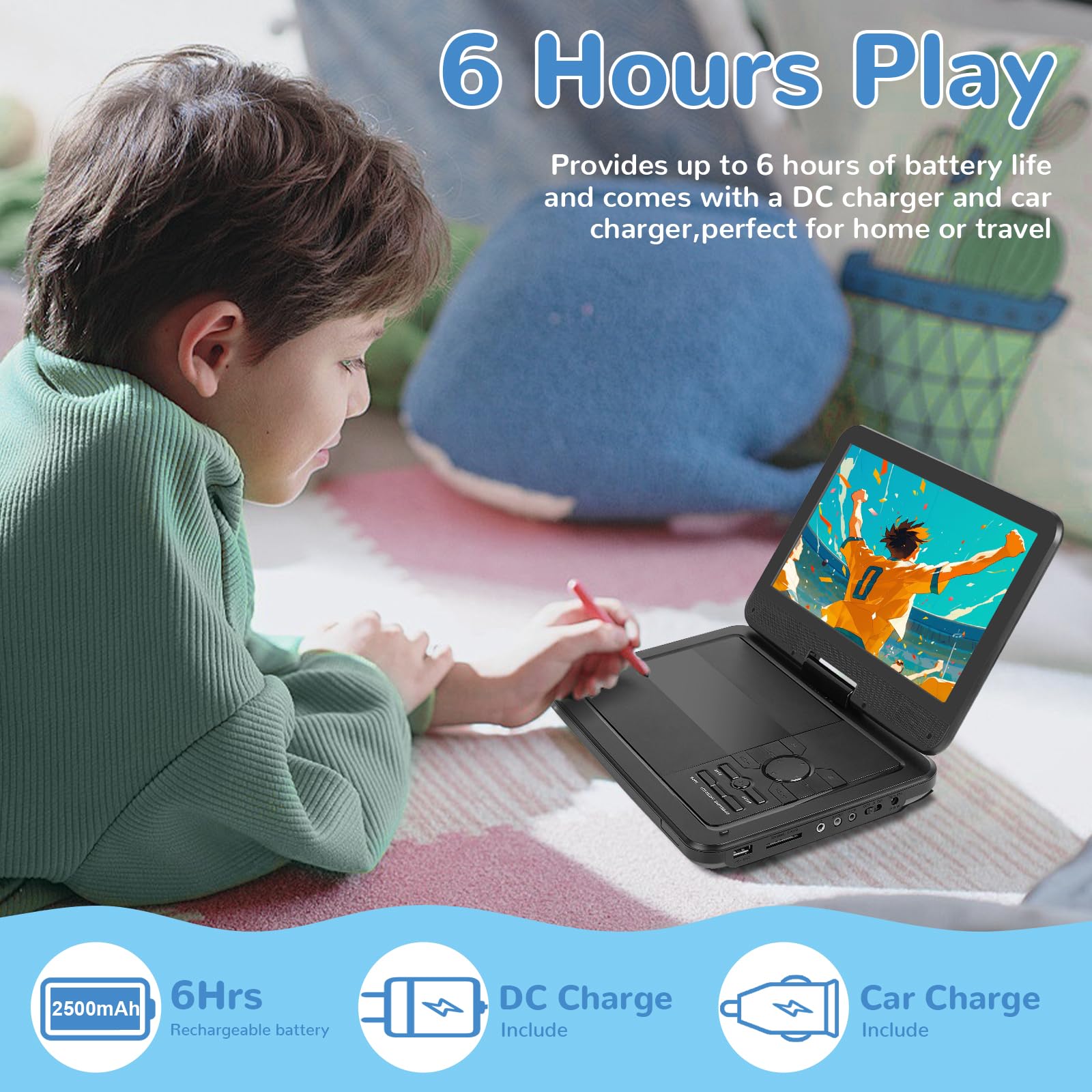 Lettore DVD portatile da 12,5 pollici con schermo girevole HD da 10,1", 5-6 ore di riproduzione, lettore DVD portatile con doppio altoparlante, supporto SYNC TV/USB/SD Card/AV, riproduce tutti