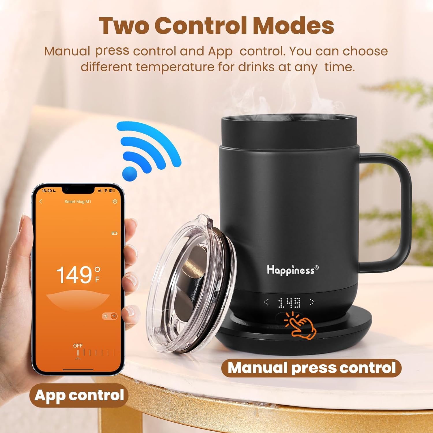 Happiness Taza de café con calefacción inteligente, taza de café eléctrica recargable de 16 onzas con control de temperatura